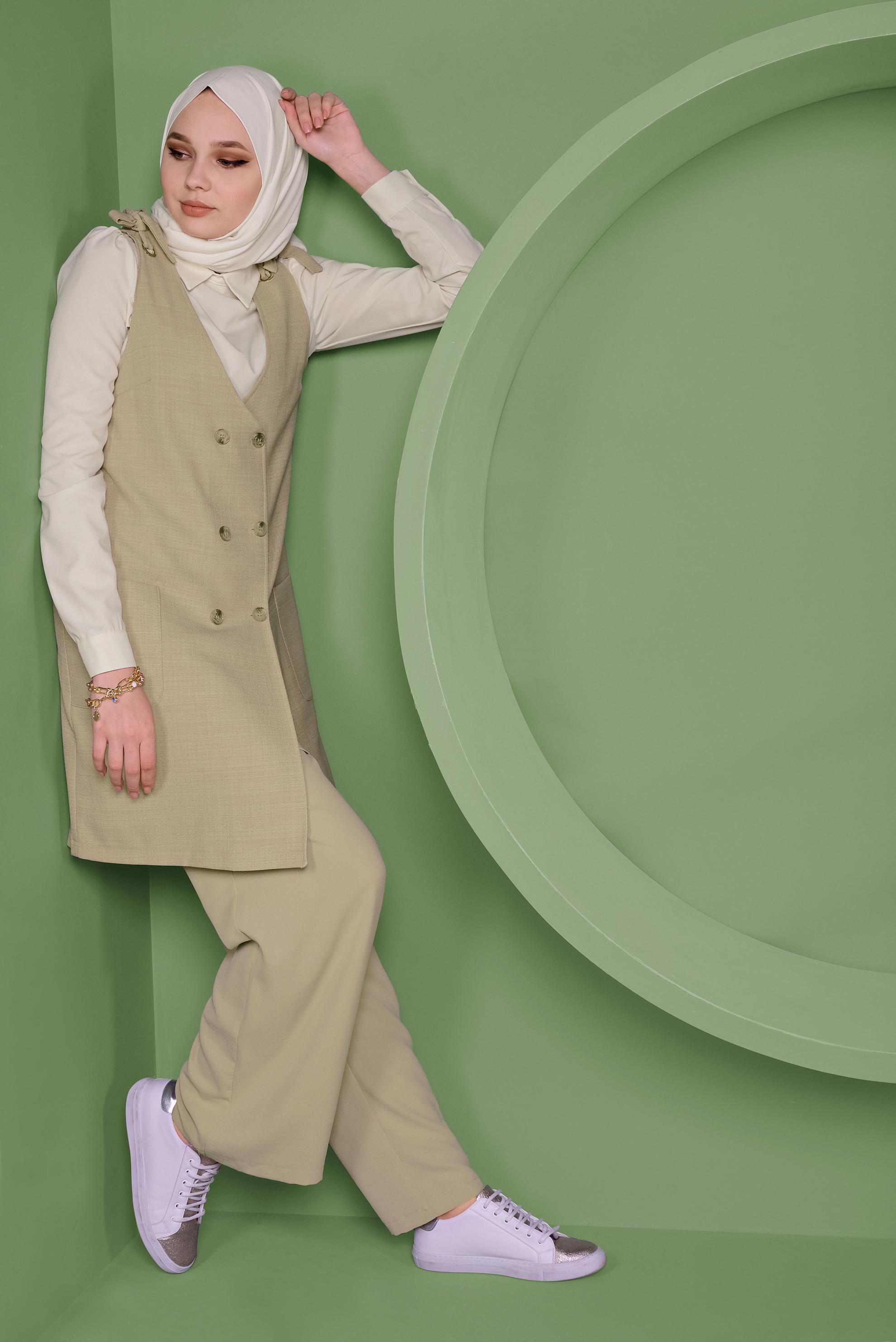 Tesettür giyim BEJ DÜĞMELİ YELEK FORMLU İKİLİ TUNİK 41487