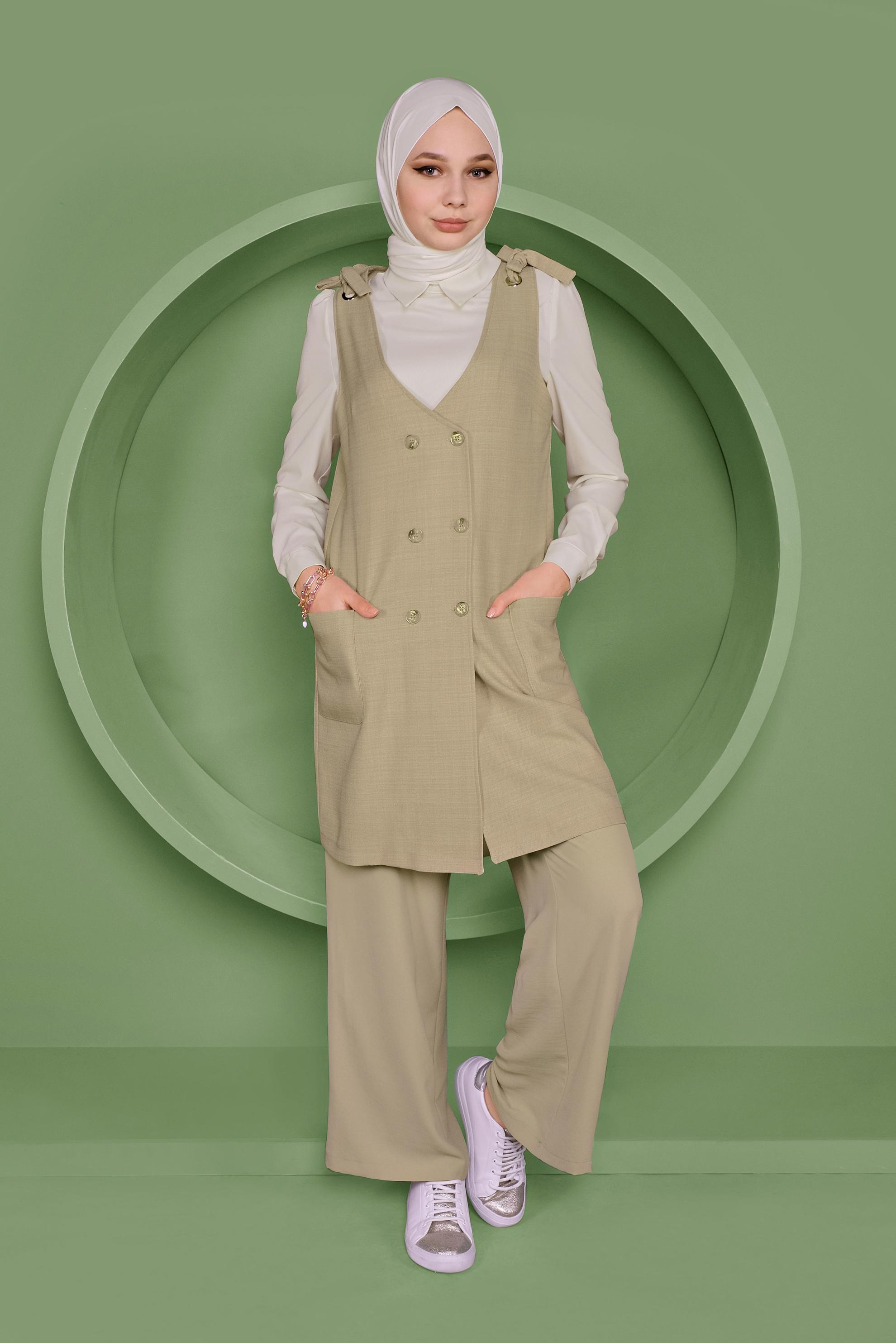 Tesettür giyim BEJ DÜĞMELİ YELEK FORMLU İKİLİ TUNİK 41487