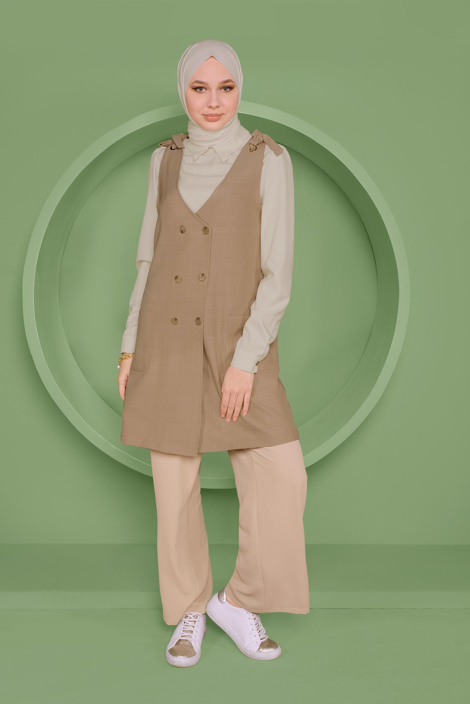 Tesettür giyim KAHVE DÜĞMELİ YELEK FORMLU İKİLİ TUNİK 41487