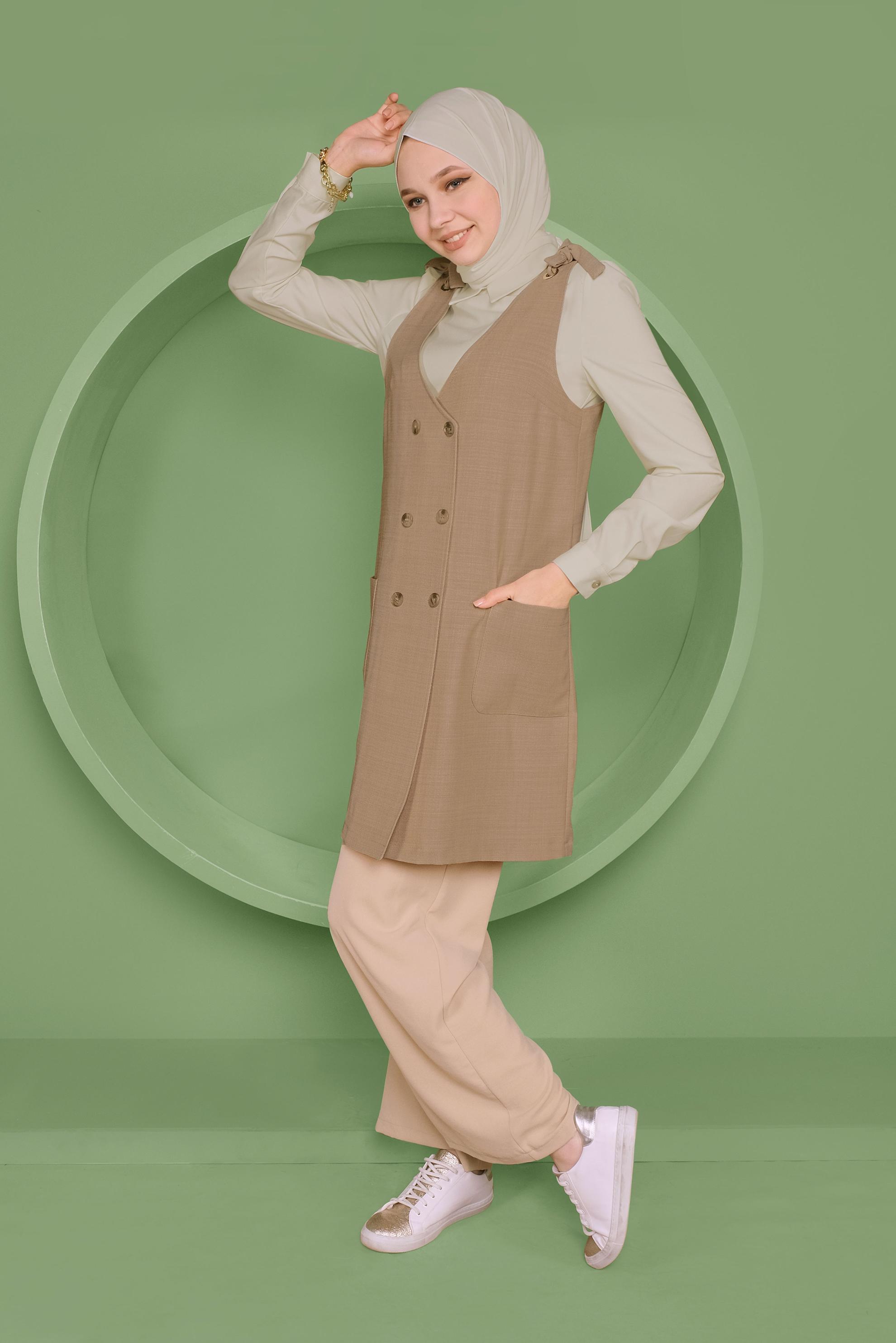 Tesettür giyim KAHVE DÜĞMELİ YELEK FORMLU İKİLİ TUNİK 41487