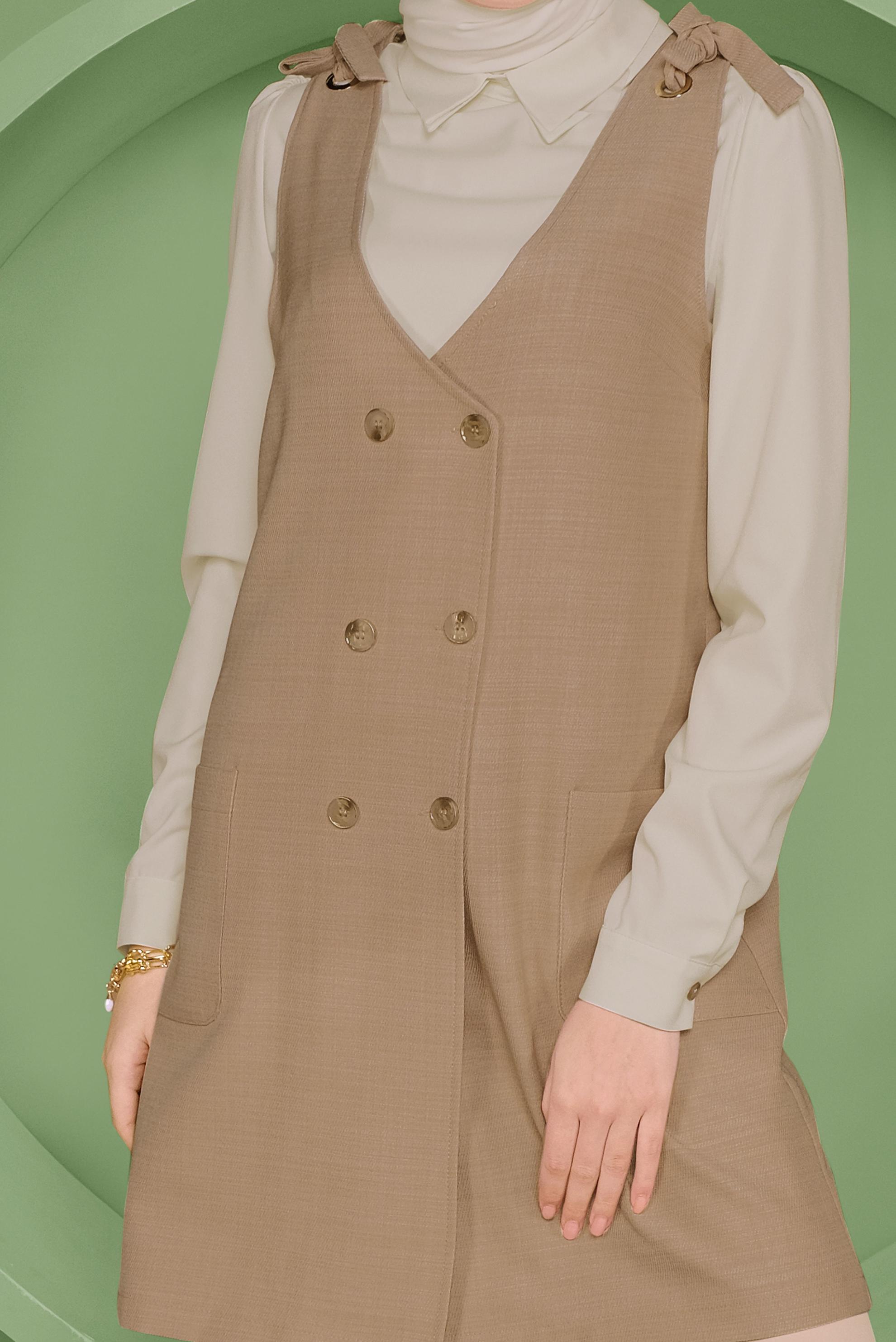 Tesettür giyim KAHVE DÜĞMELİ YELEK FORMLU İKİLİ TUNİK 41487