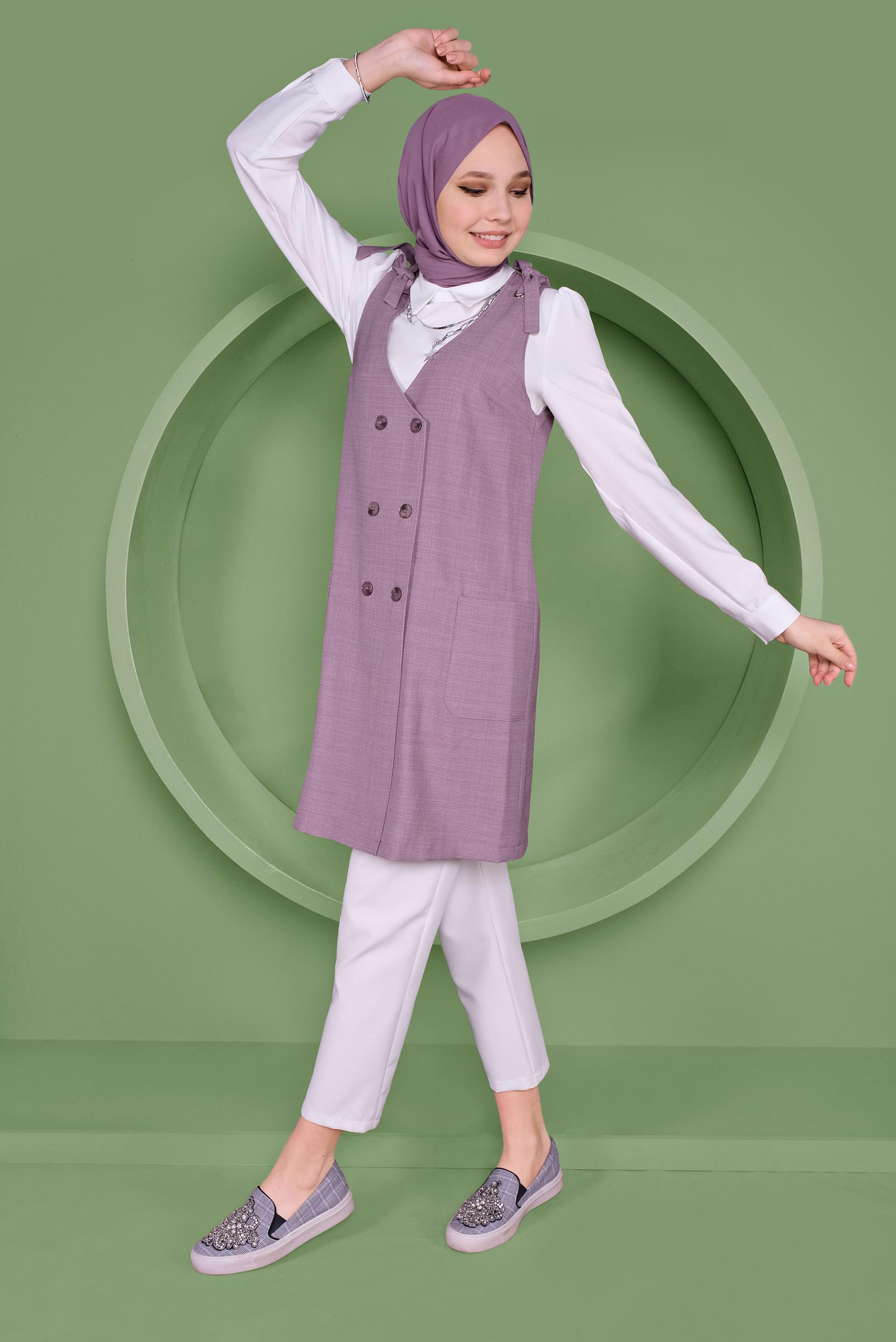 Tesettür giyim MOR DÜĞMELİ YELEK FORMLU İKİLİ TUNİK 41487