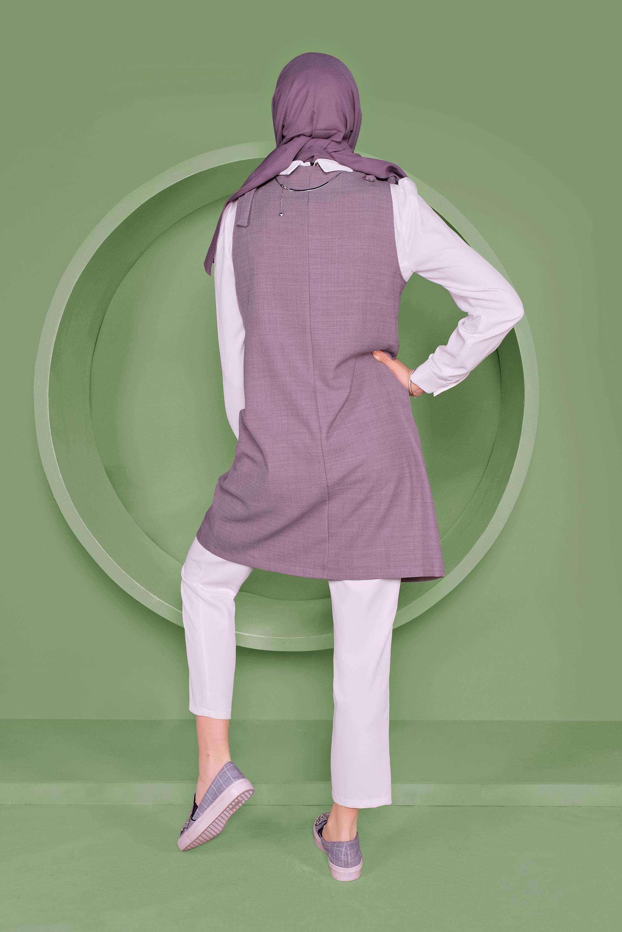 Tesettür giyim MOR DÜĞMELİ YELEK FORMLU İKİLİ TUNİK 41487