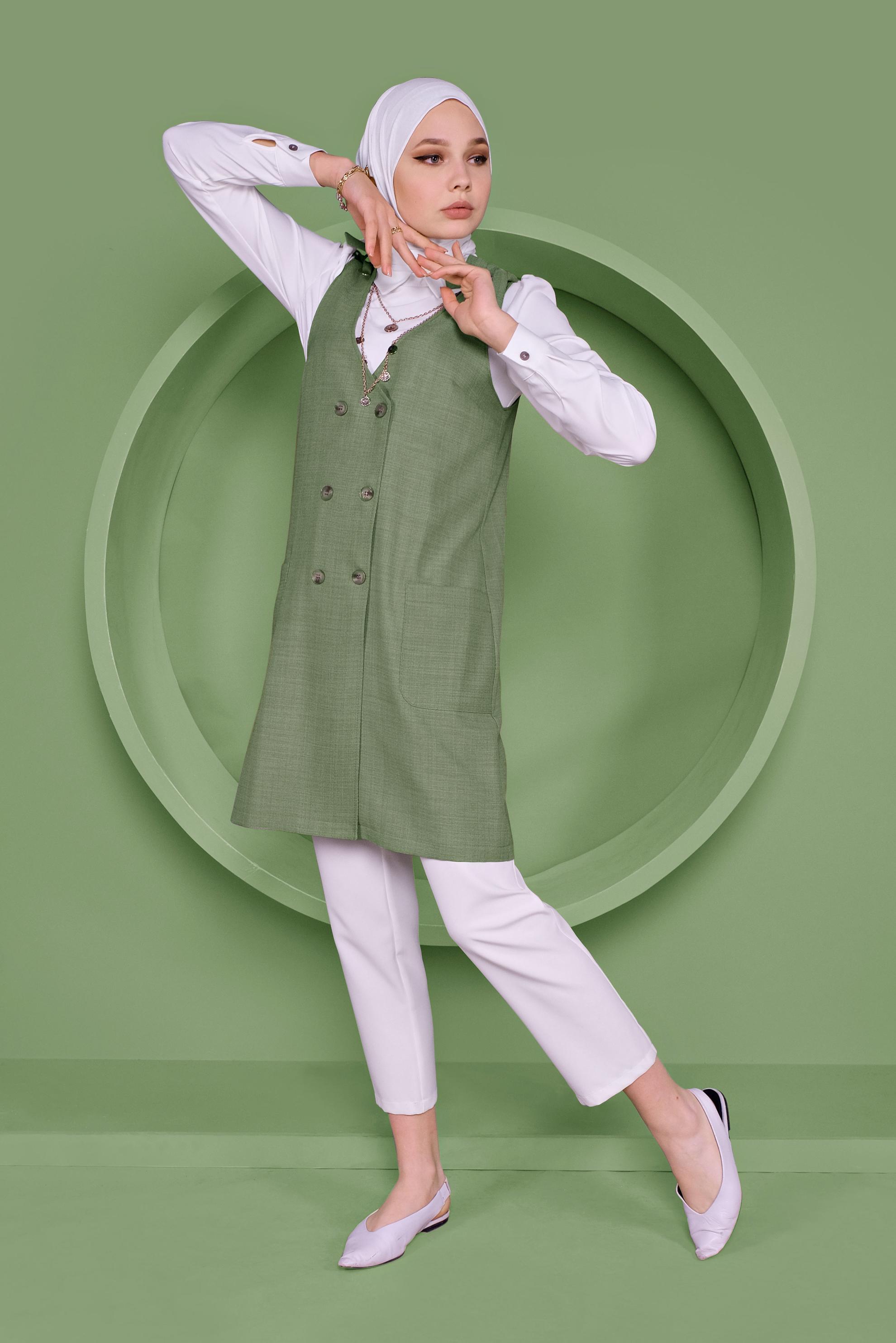 Tesettür giyim YEŞİL DÜĞMELİ YELEK FORMLU İKİLİ TUNİK 41487