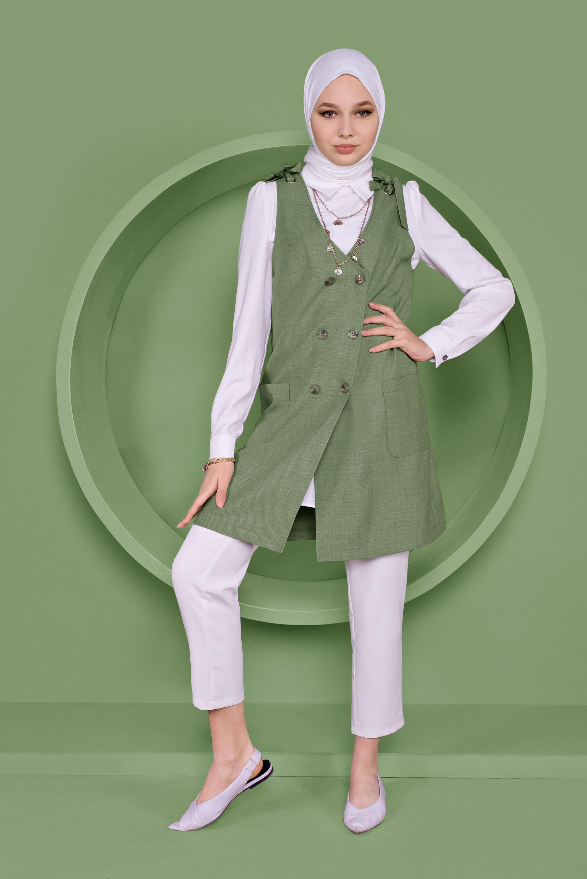 Tesettür giyim YEŞİL DÜĞMELİ YELEK FORMLU İKİLİ TUNİK 41487