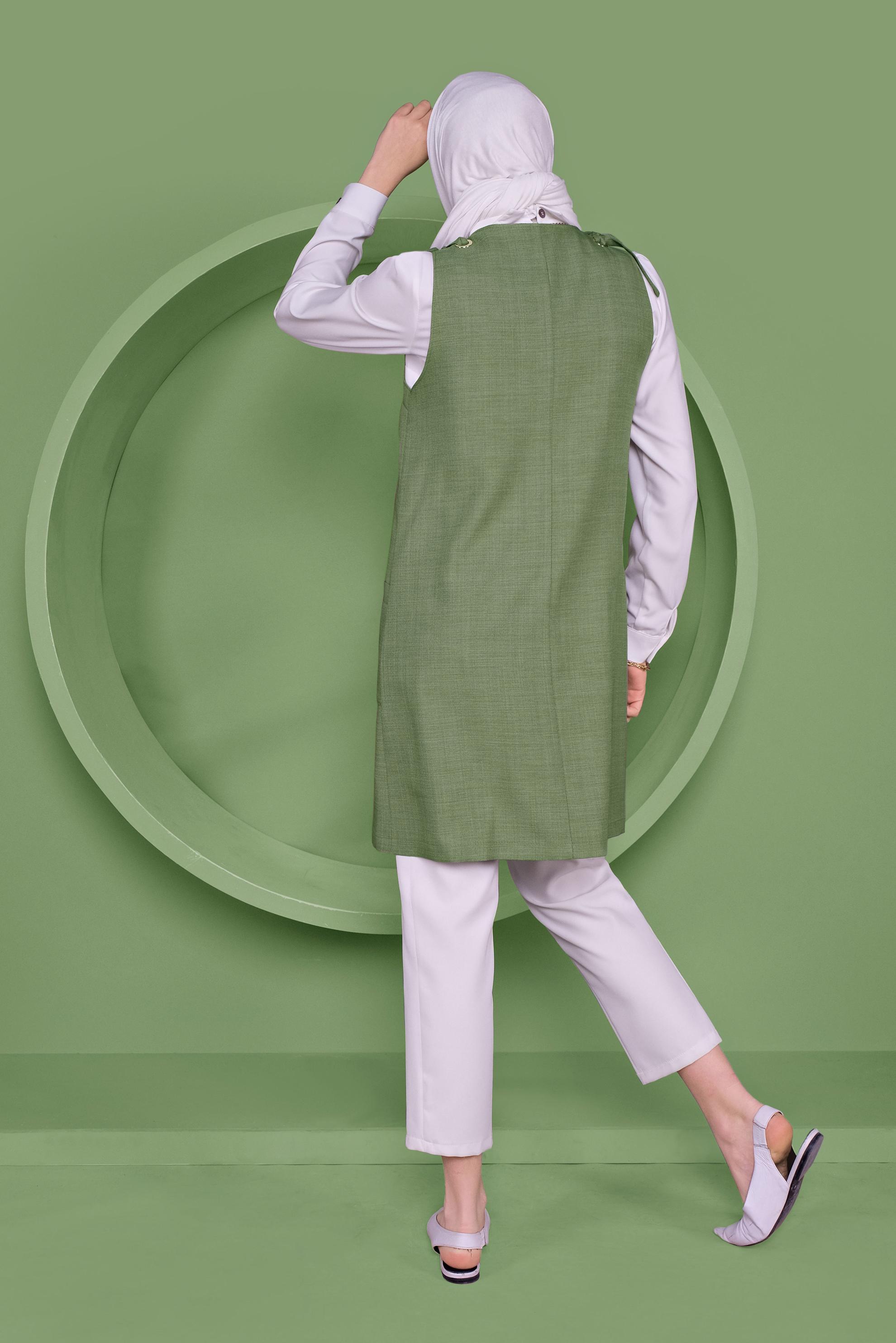 Tesettür giyim YEŞİL DÜĞMELİ YELEK FORMLU İKİLİ TUNİK 41487