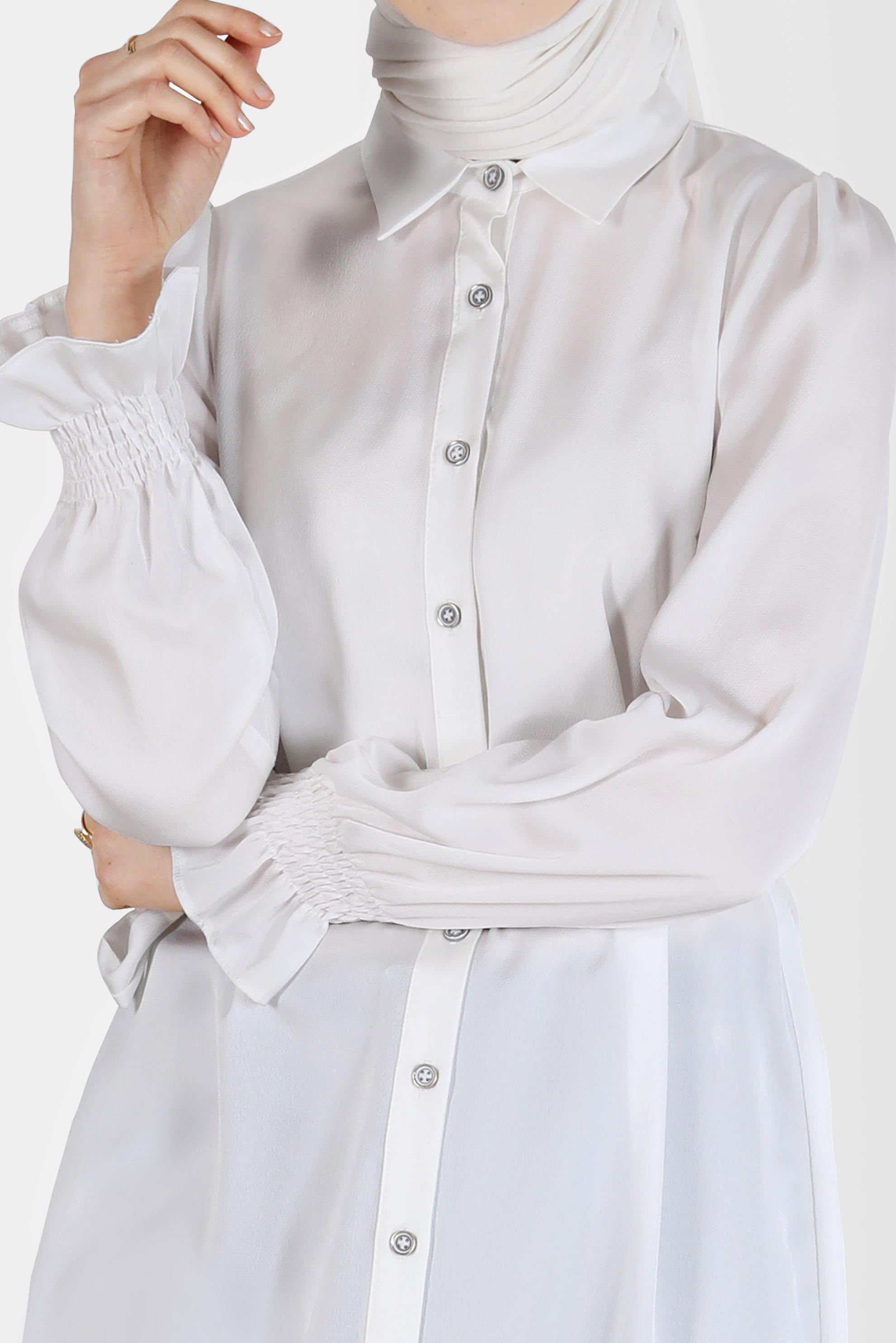 Tesettür giyim BEYAZ BELDEN KUŞAKLI SATEN TUNİK 41488 