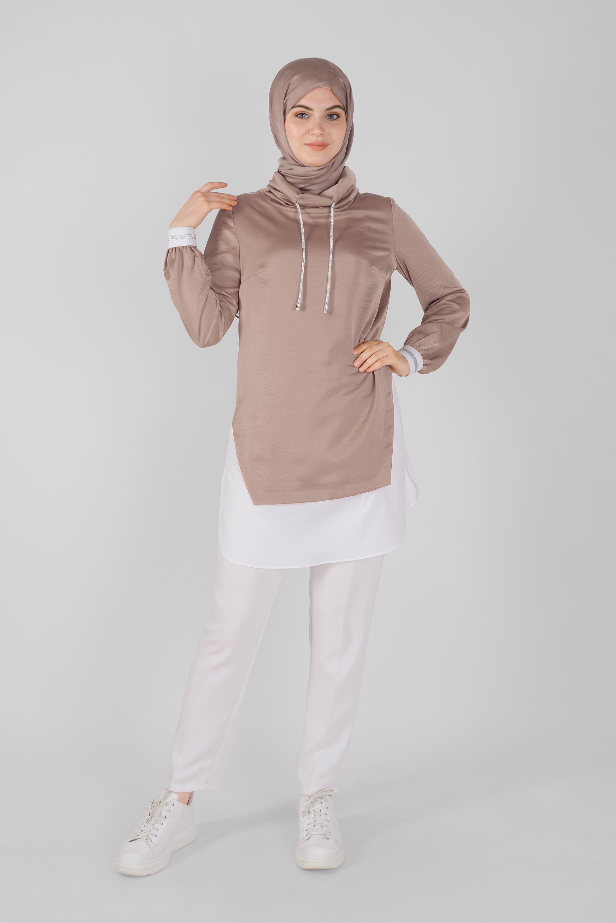 Tesettür giyim BEJ TAŞLI BAĞCIKLI GÖMLEK DETAYLI SATEN AEROBİN TUNİK 41489 