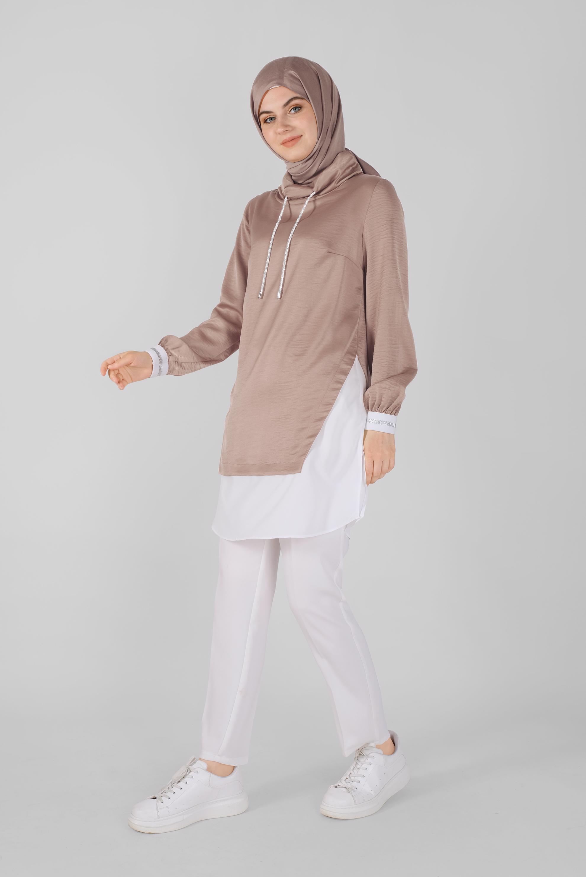 Tesettür giyim BEJ TAŞLI BAĞCIKLI GÖMLEK DETAYLI SATEN AEROBİN TUNİK 41489 