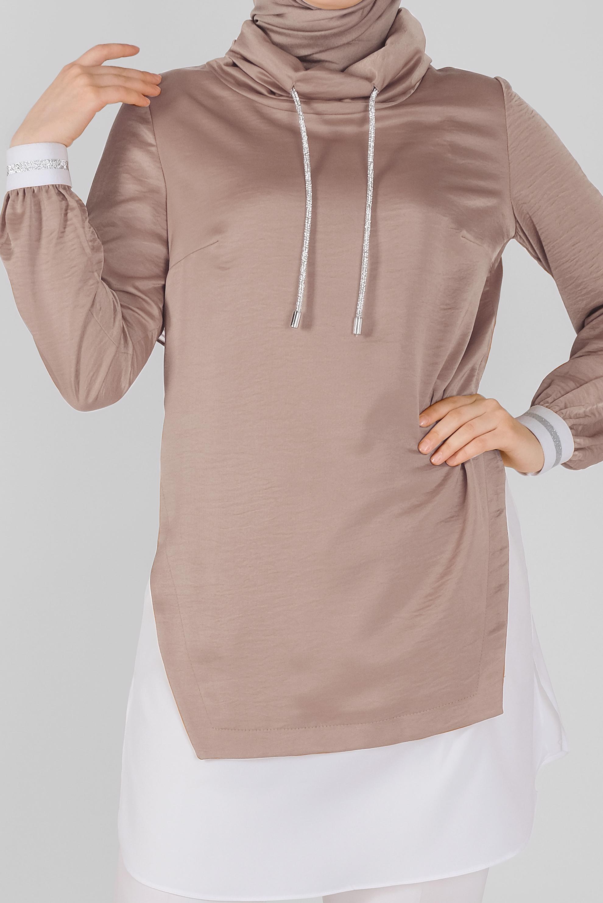 Tesettür giyim BEJ TAŞLI BAĞCIKLI GÖMLEK DETAYLI SATEN AEROBİN TUNİK 41489 