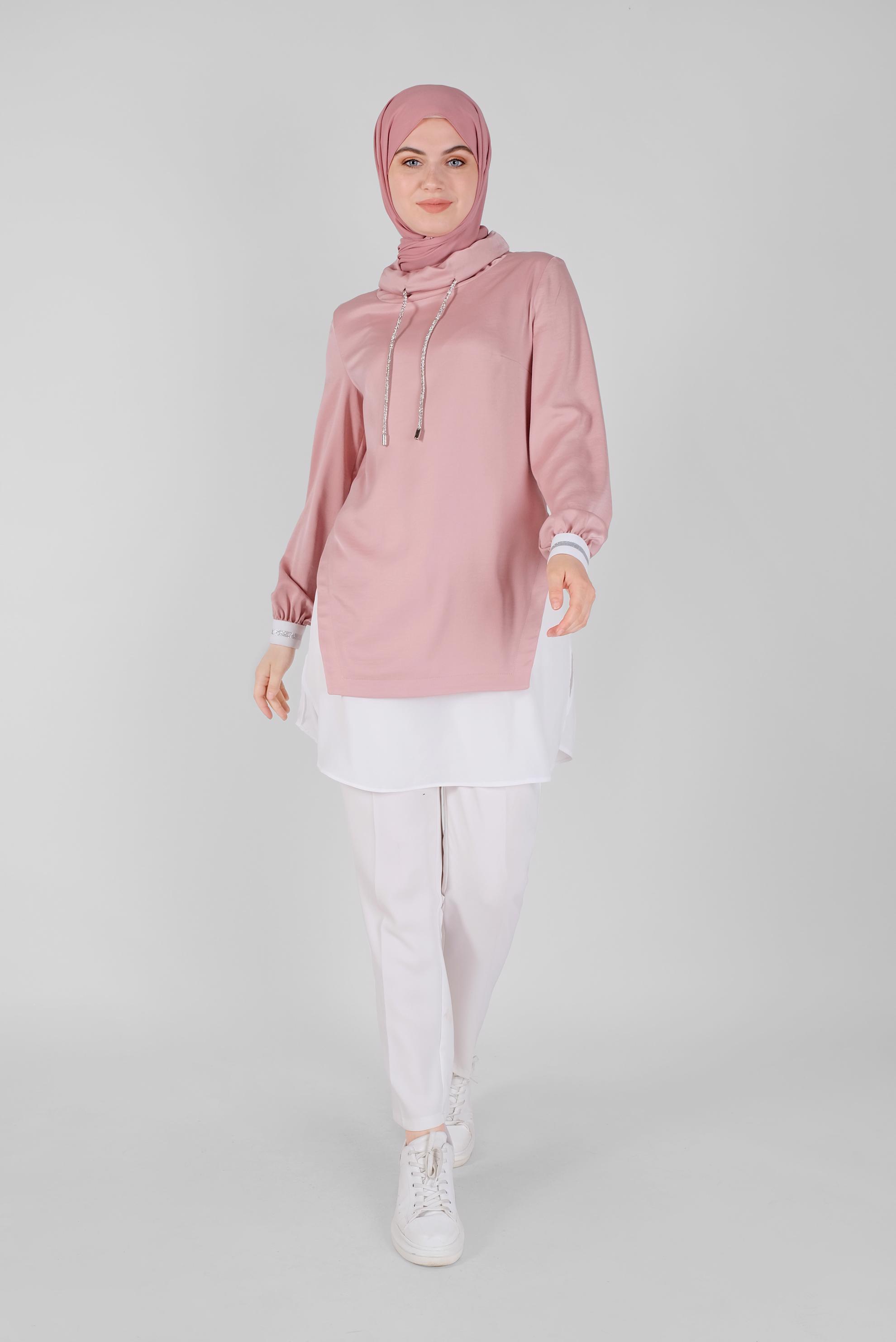 Tesettür giyim PUDRA TAŞLI BAĞCIKLI GÖMLEK DETAYLI SATEN AEROBİN TUNİK 41489 