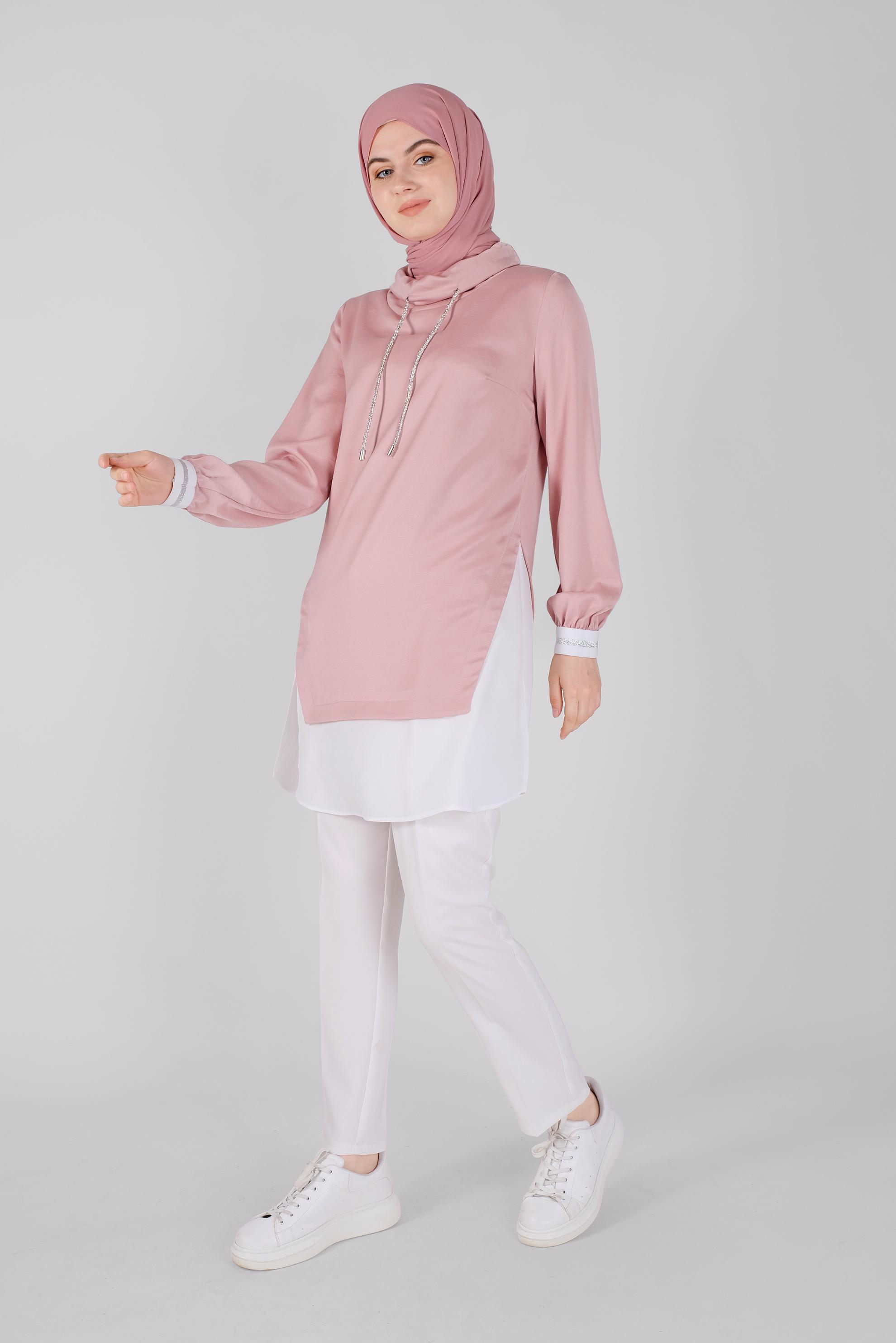 Tesettür giyim PUDRA TAŞLI BAĞCIKLI GÖMLEK DETAYLI SATEN AEROBİN TUNİK 41489 