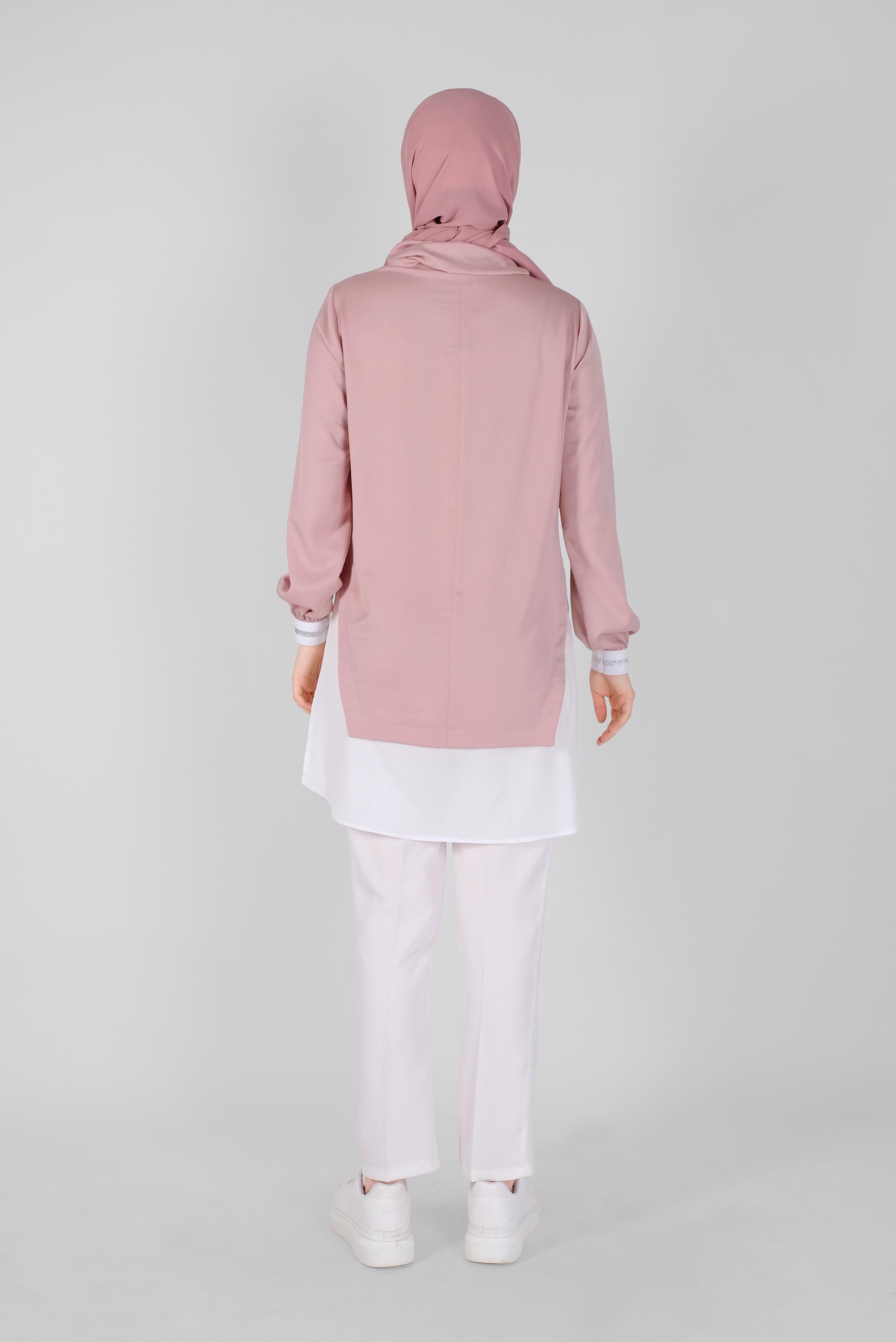 Tesettür giyim PUDRA TAŞLI BAĞCIKLI GÖMLEK DETAYLI SATEN AEROBİN TUNİK 41489 