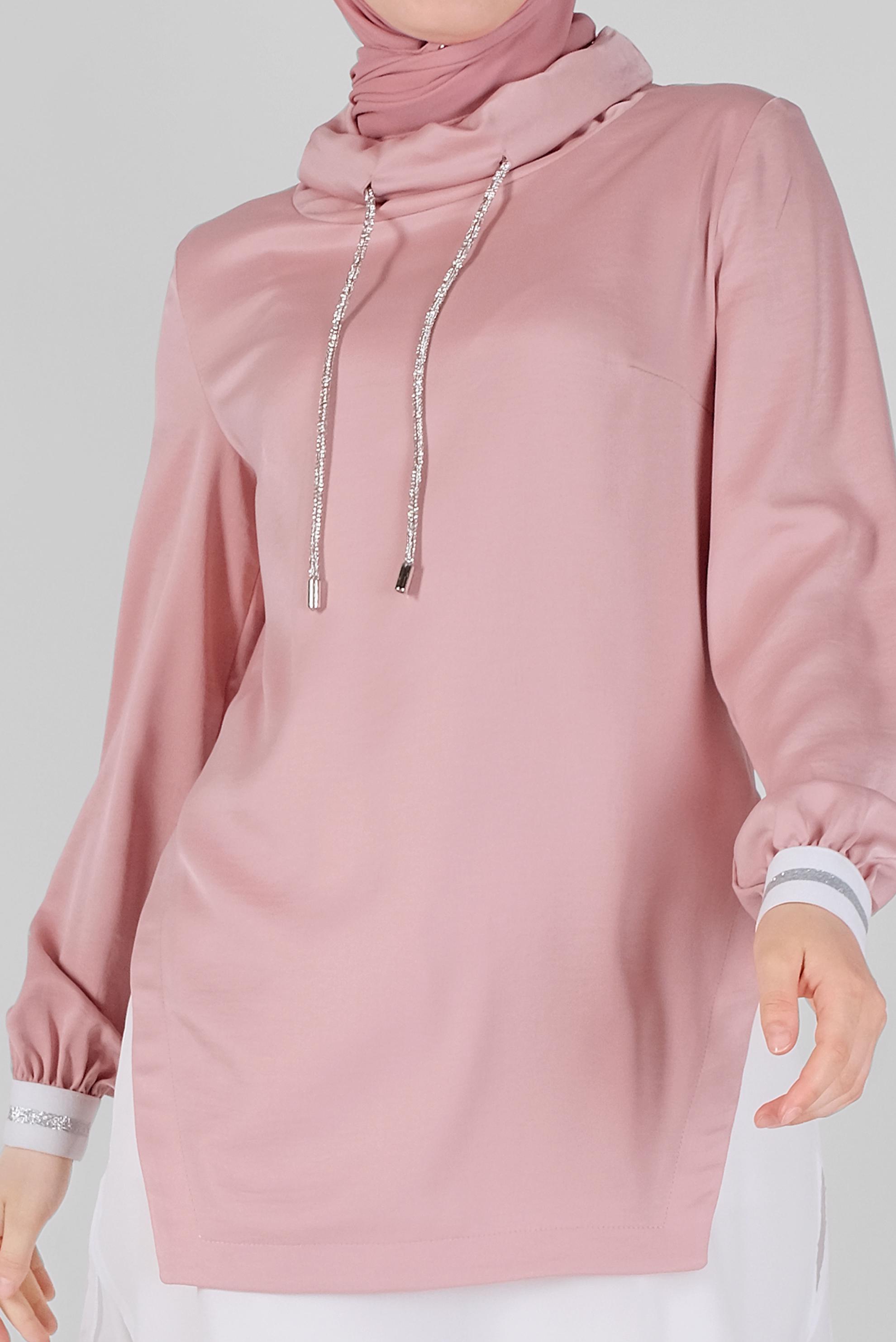 Tesettür giyim PUDRA TAŞLI BAĞCIKLI GÖMLEK DETAYLI SATEN AEROBİN TUNİK 41489 