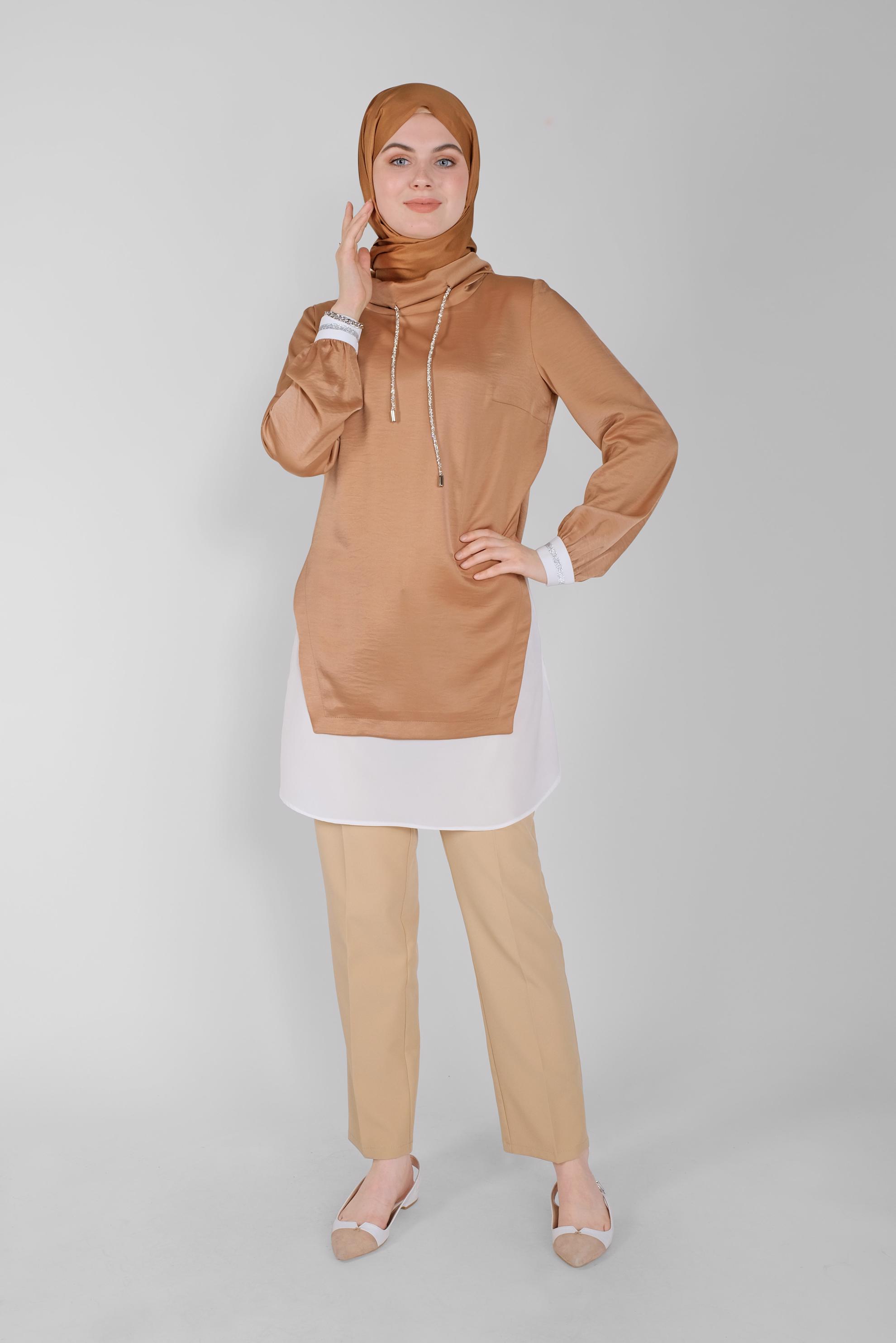 Tesettür giyim TABA TAŞLI BAĞCIKLI GÖMLEK DETAYLI SATEN AEROBİN TUNİK 41489 