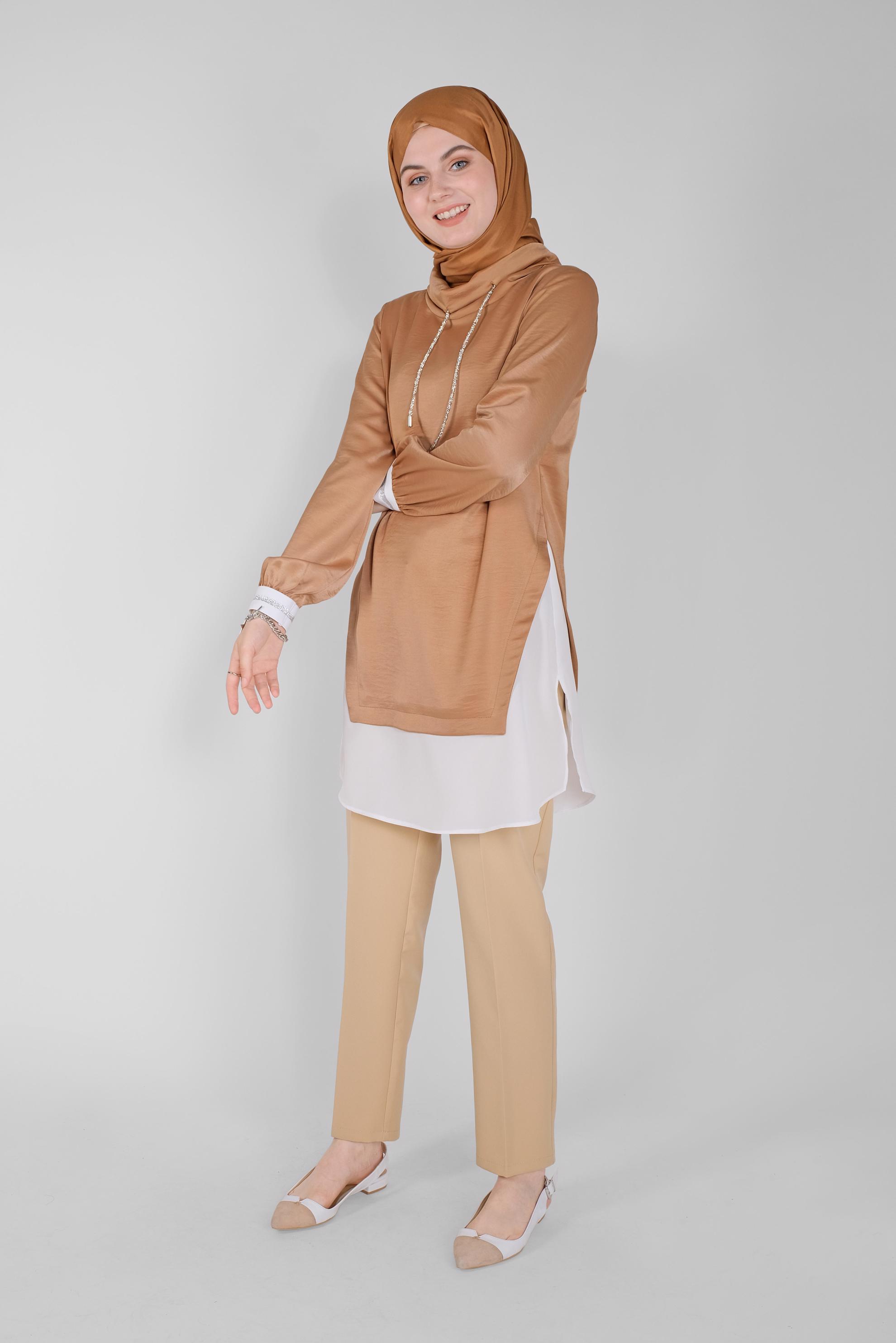 Tesettür giyim TABA TAŞLI BAĞCIKLI GÖMLEK DETAYLI SATEN AEROBİN TUNİK 41489 