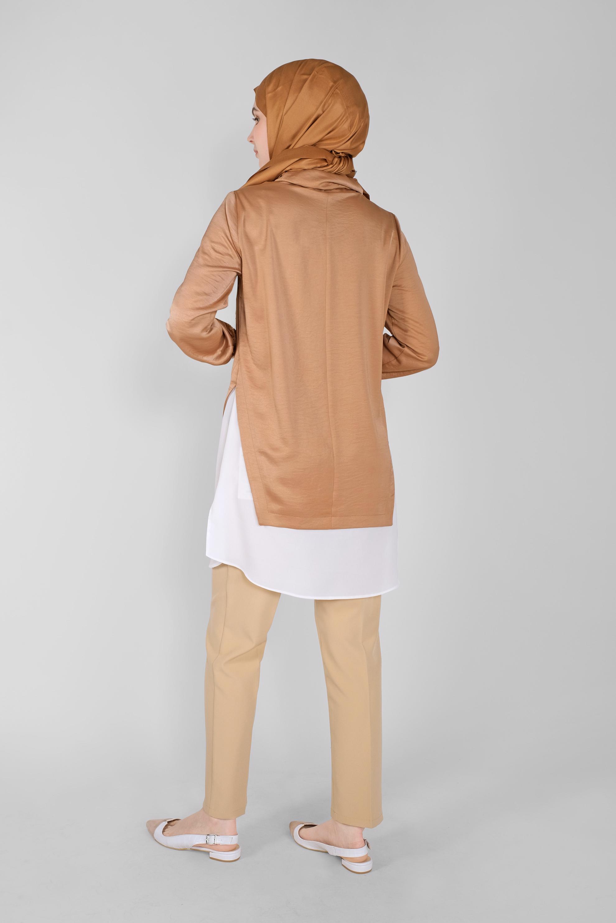 Tesettür giyim TABA TAŞLI BAĞCIKLI GÖMLEK DETAYLI SATEN AEROBİN TUNİK 41489 