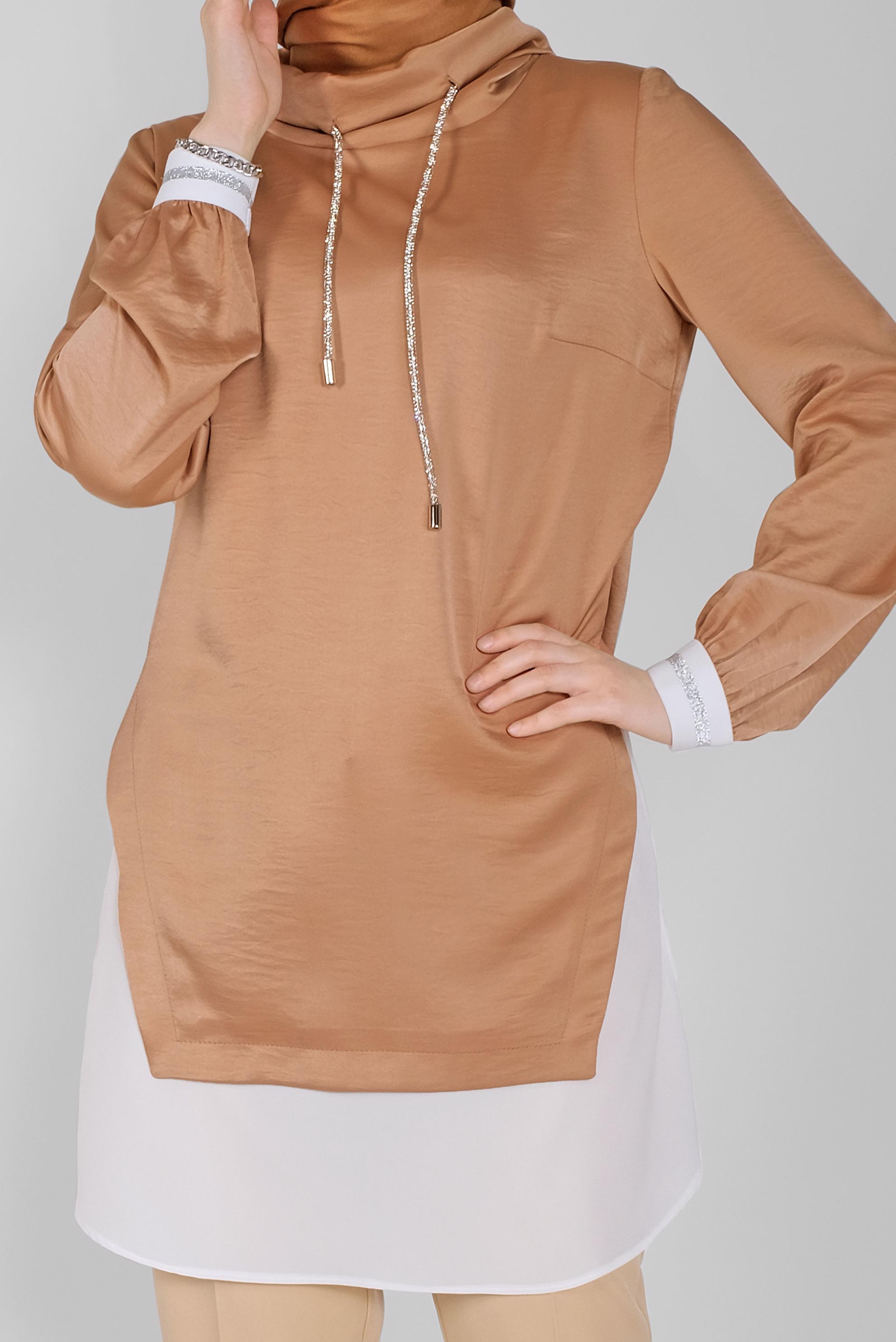 Tesettür giyim TABA TAŞLI BAĞCIKLI GÖMLEK DETAYLI SATEN AEROBİN TUNİK 41489 