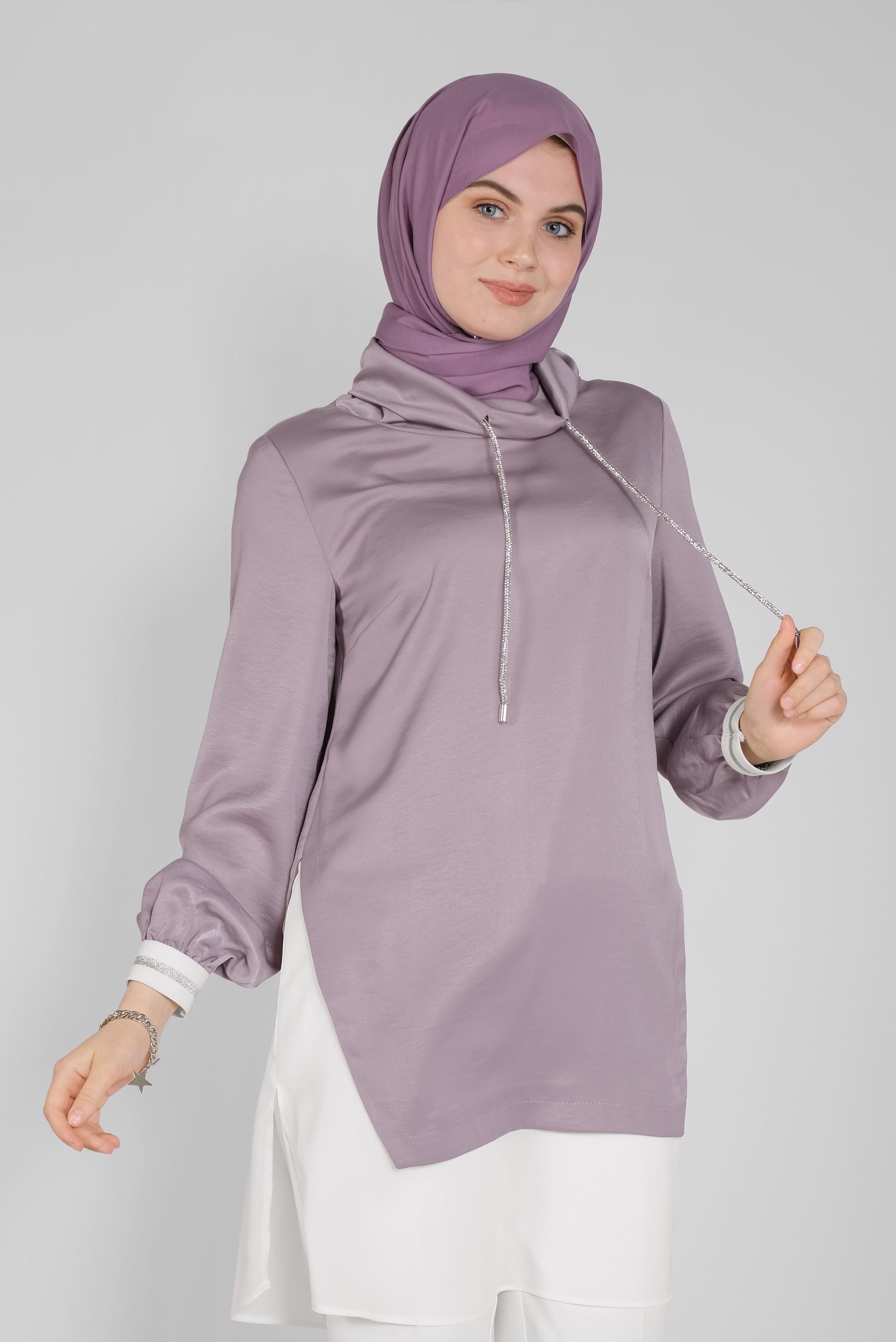 Tesettür giyim MOR TAŞLI BAĞCIKLI GÖMLEK DETAYLI SATEN AEROBİN TUNİK 41489 