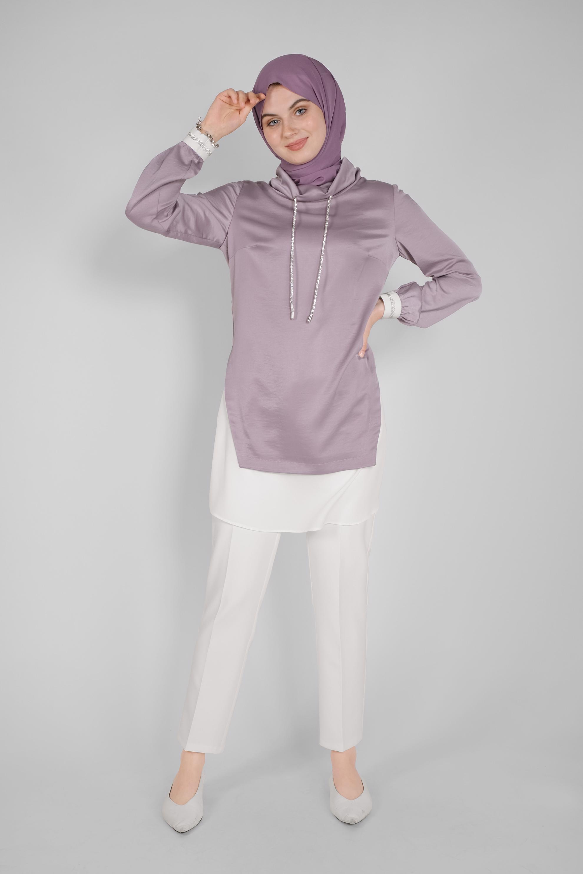 Tesettür giyim MOR TAŞLI BAĞCIKLI GÖMLEK DETAYLI SATEN AEROBİN TUNİK 41489 