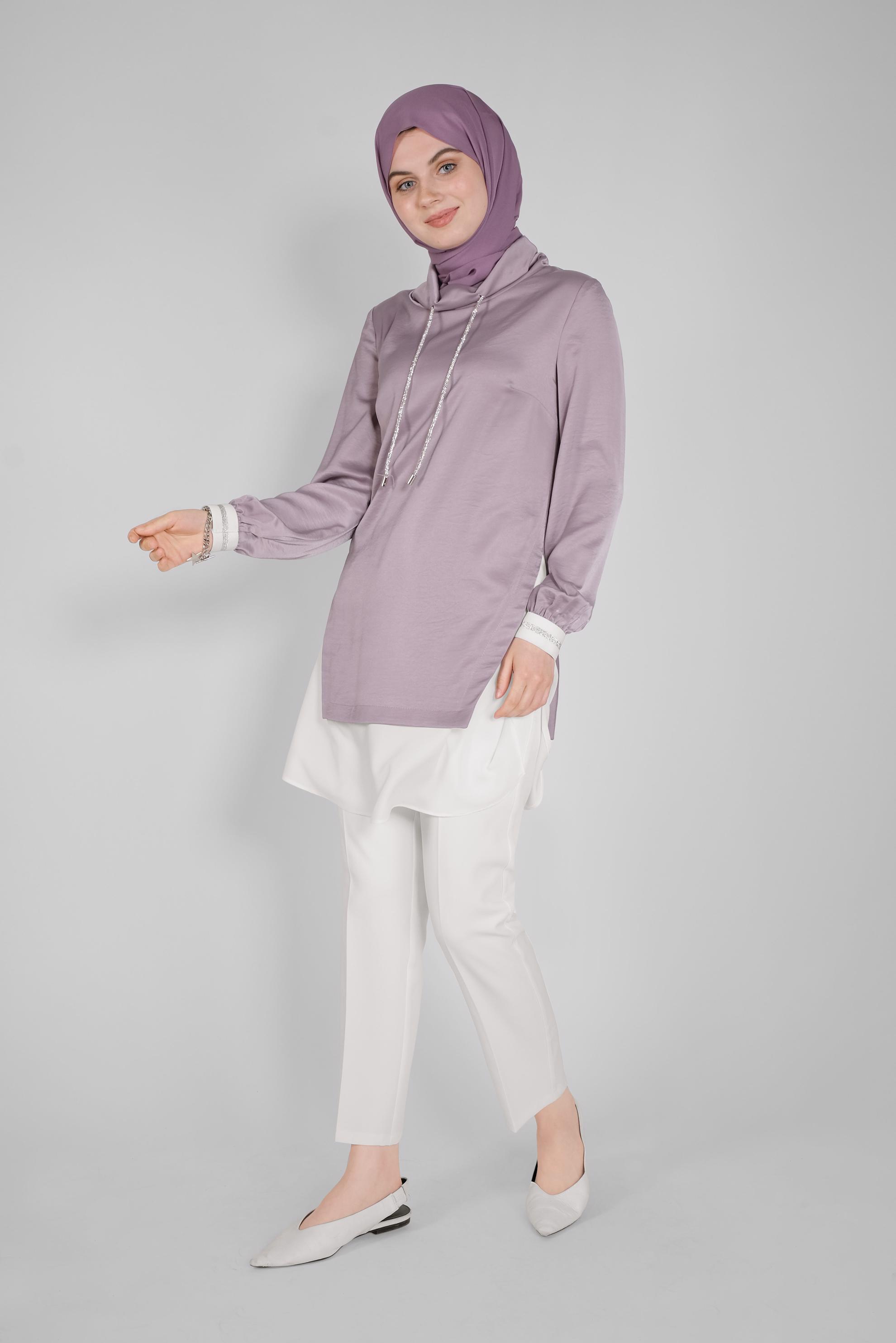 Tesettür giyim MOR TAŞLI BAĞCIKLI GÖMLEK DETAYLI SATEN AEROBİN TUNİK 41489 