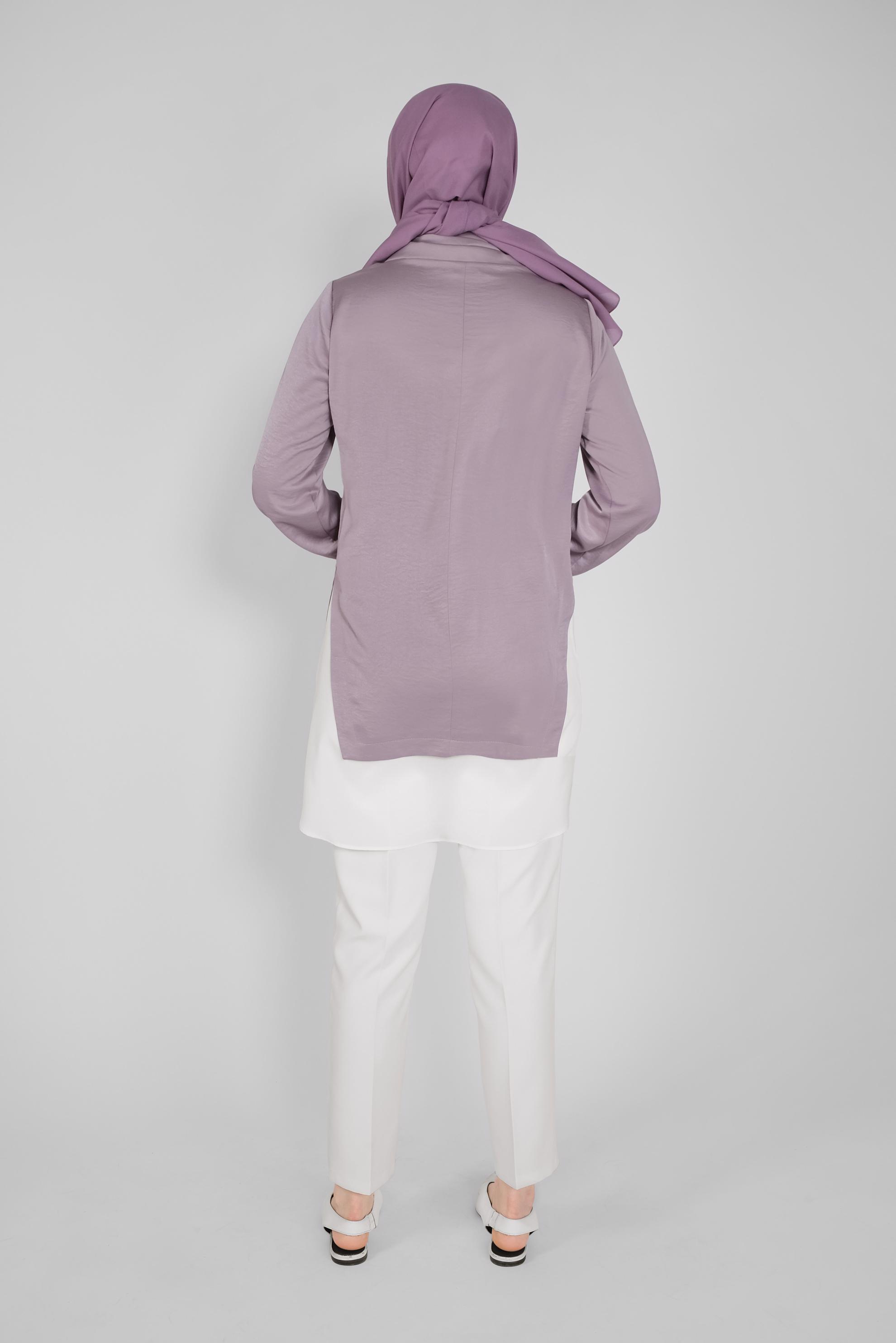 Tesettür giyim MOR TAŞLI BAĞCIKLI GÖMLEK DETAYLI SATEN AEROBİN TUNİK 41489 