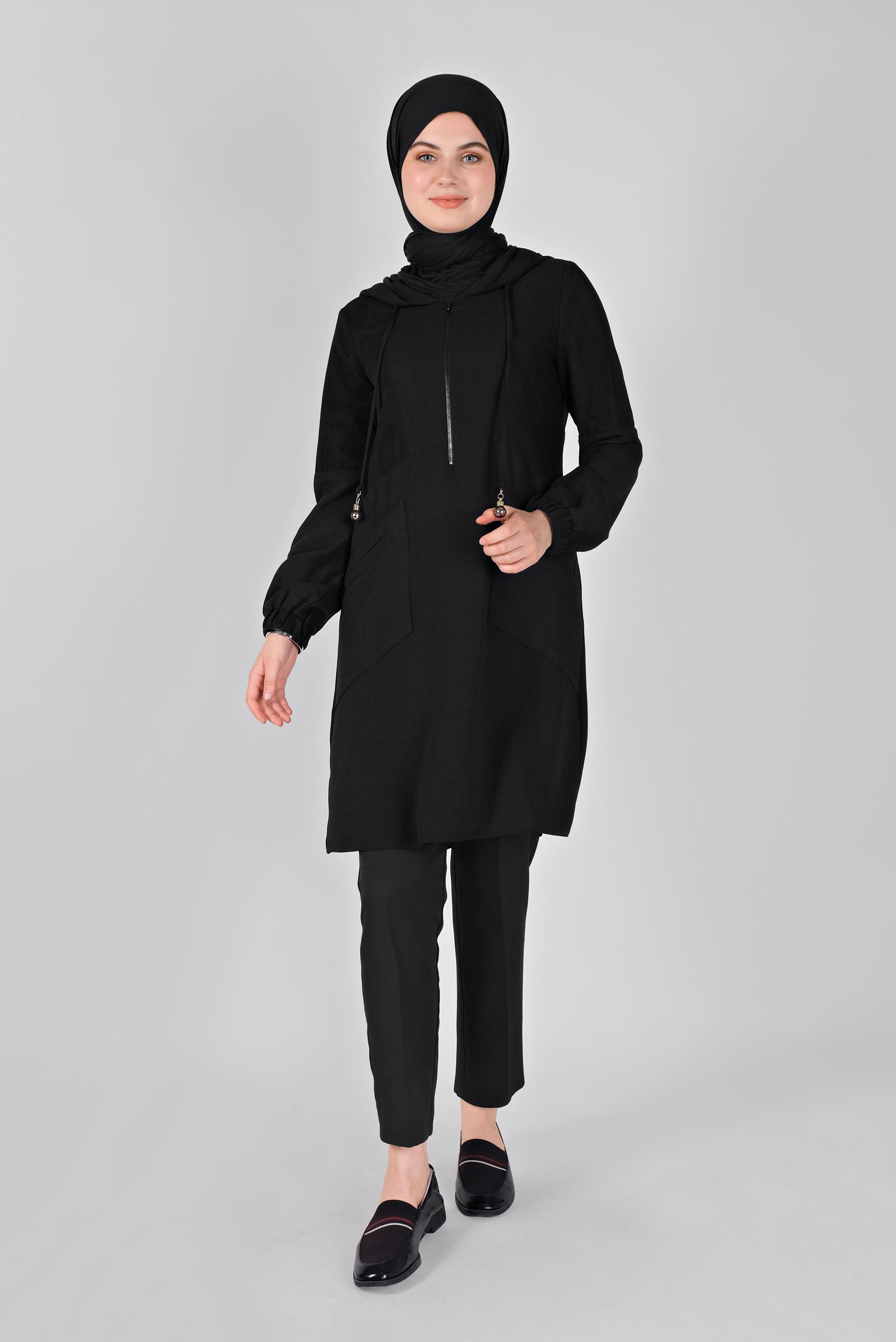 Tesettür giyim SİYAH FİLELİ KAPÜŞONLU TUNİK 41490