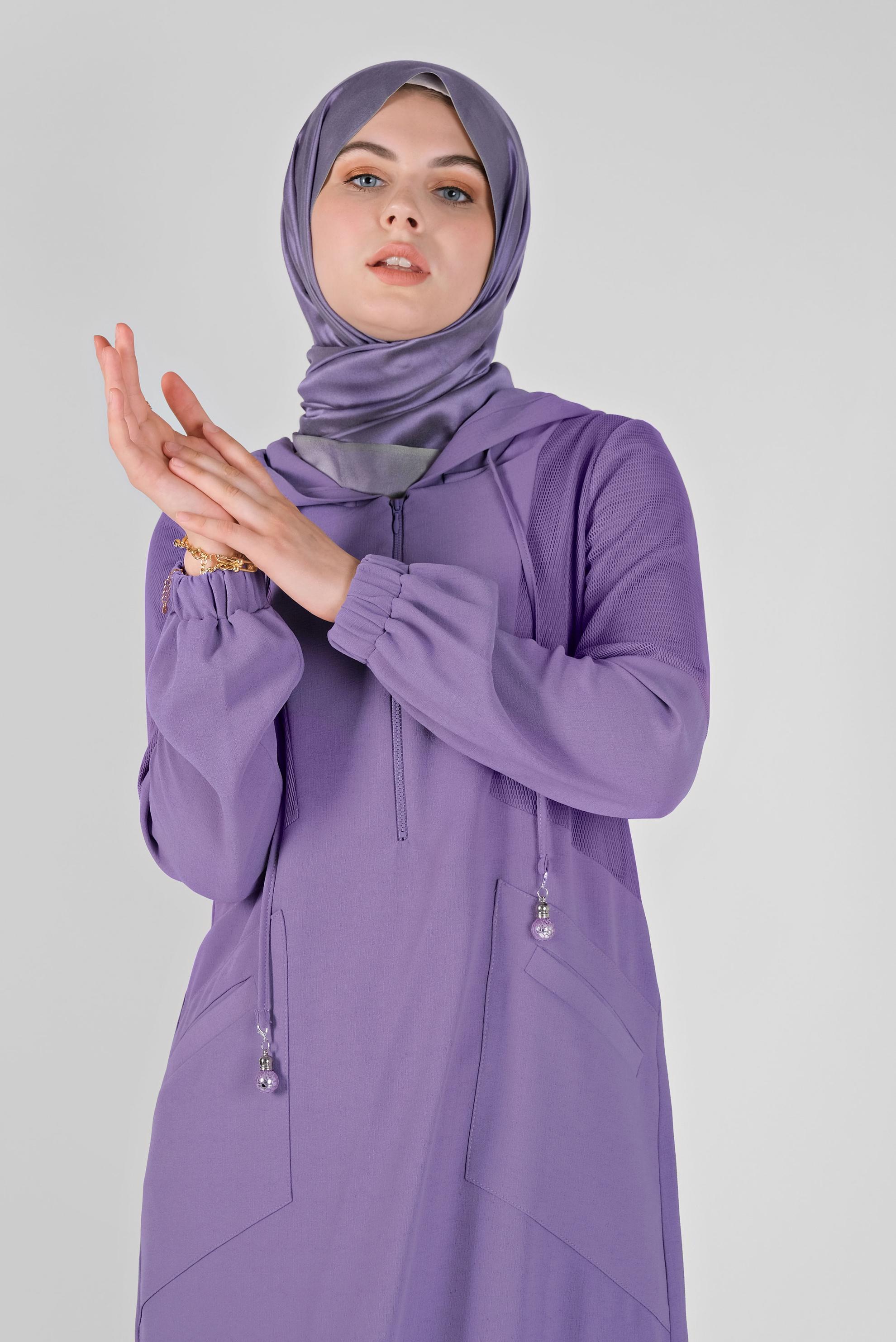 Tesettür giyim MOR FİLELİ KAPÜŞONLU TUNİK 41490