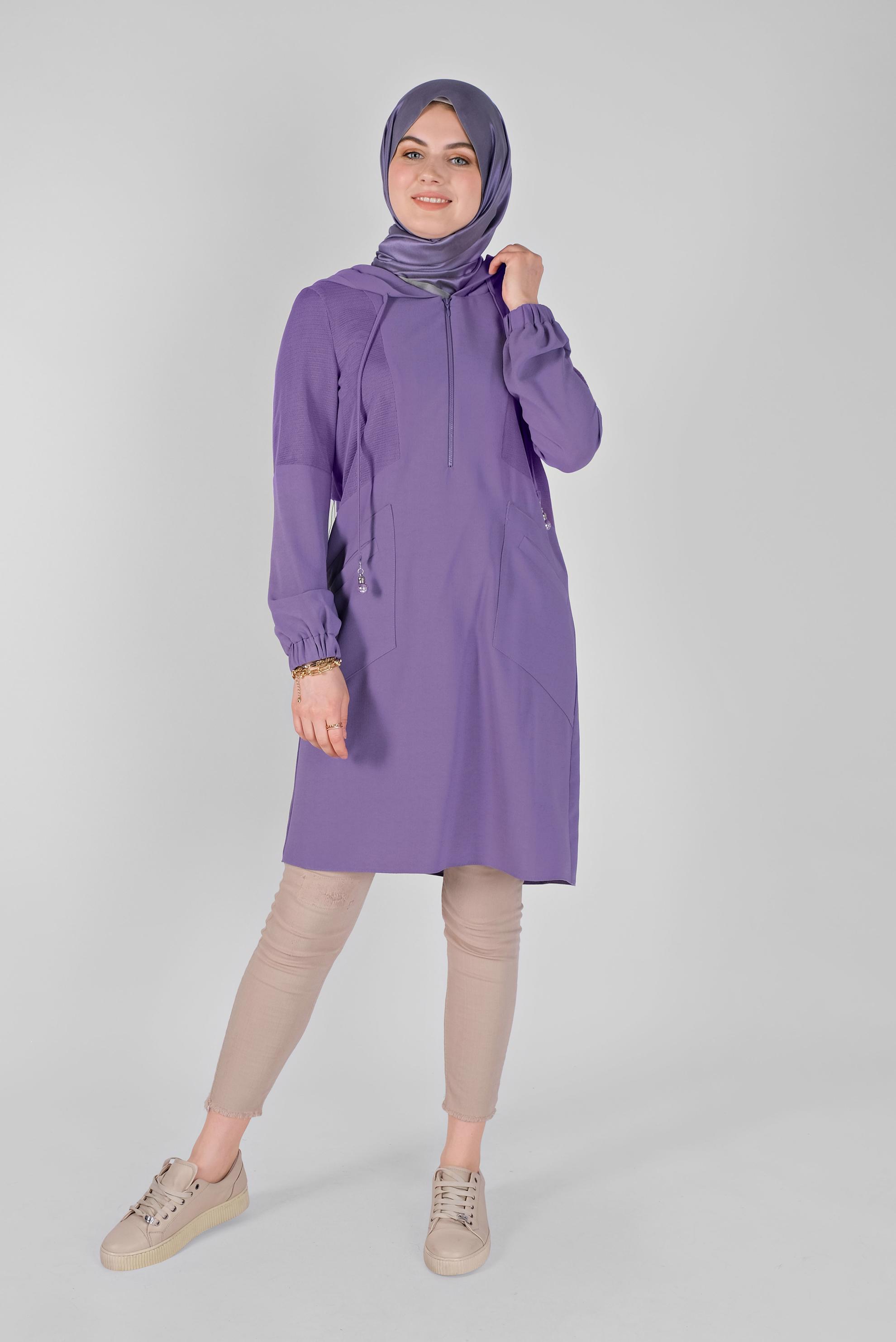 Tesettür giyim MOR FİLELİ KAPÜŞONLU TUNİK 41490