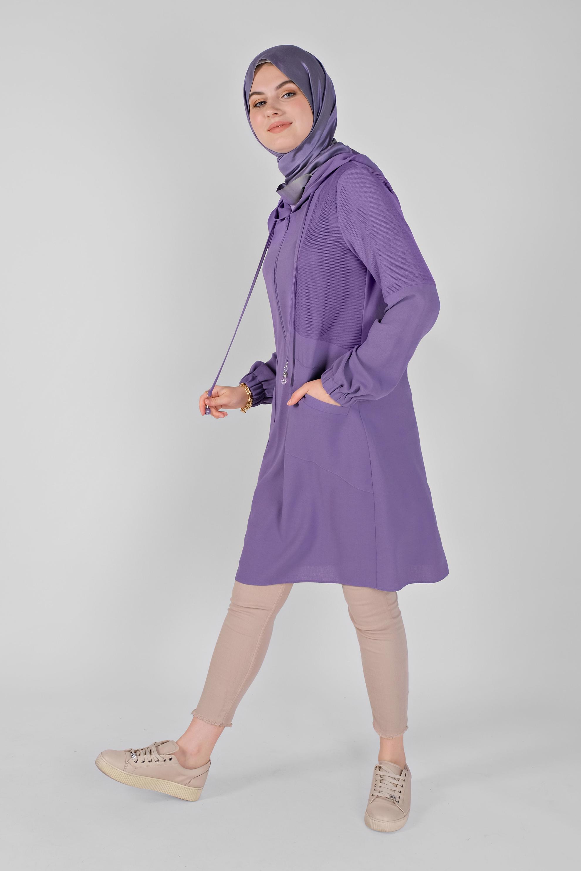 Tesettür giyim MOR FİLELİ KAPÜŞONLU TUNİK 41490