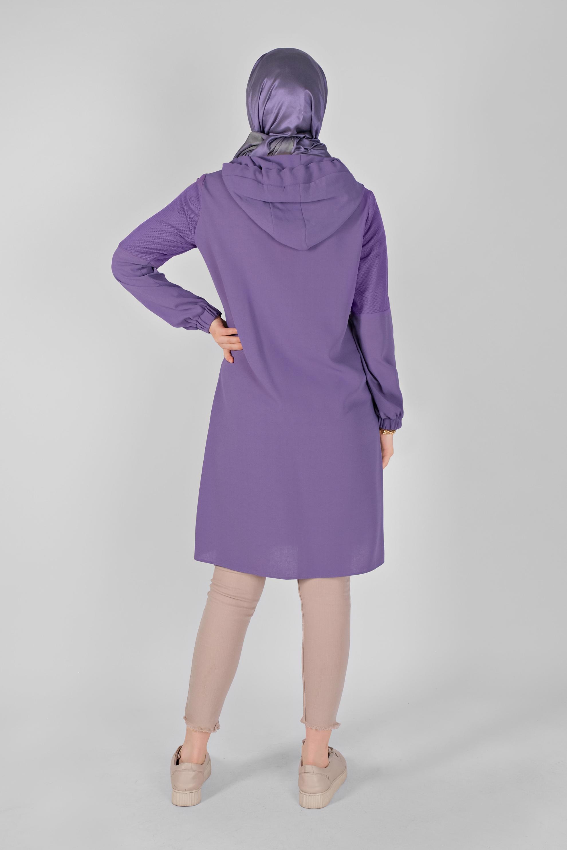 Tesettür giyim MOR FİLELİ KAPÜŞONLU TUNİK 41490