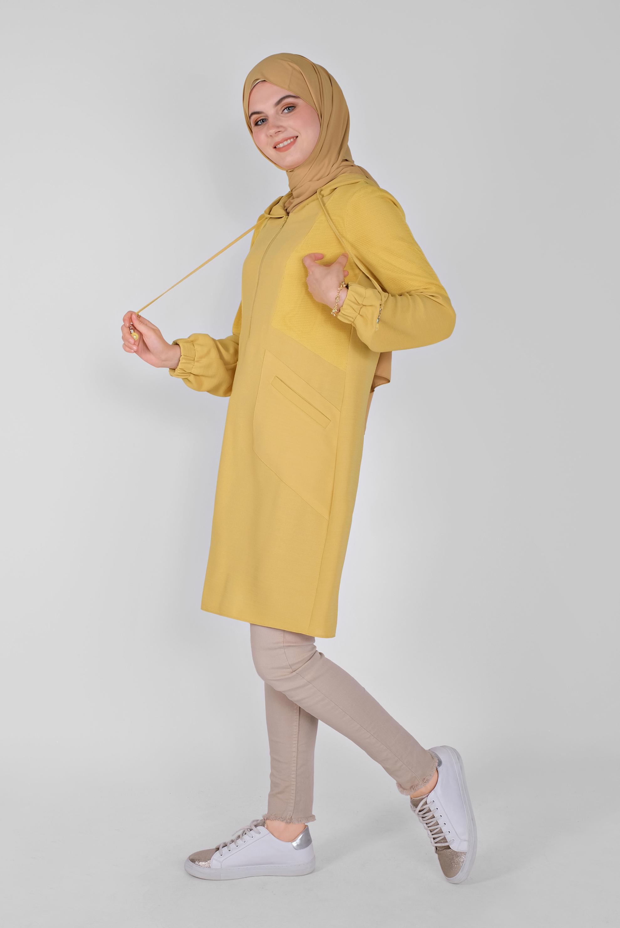 Tesettür giyim SARI FİLELİ KAPÜŞONLU TUNİK 41490