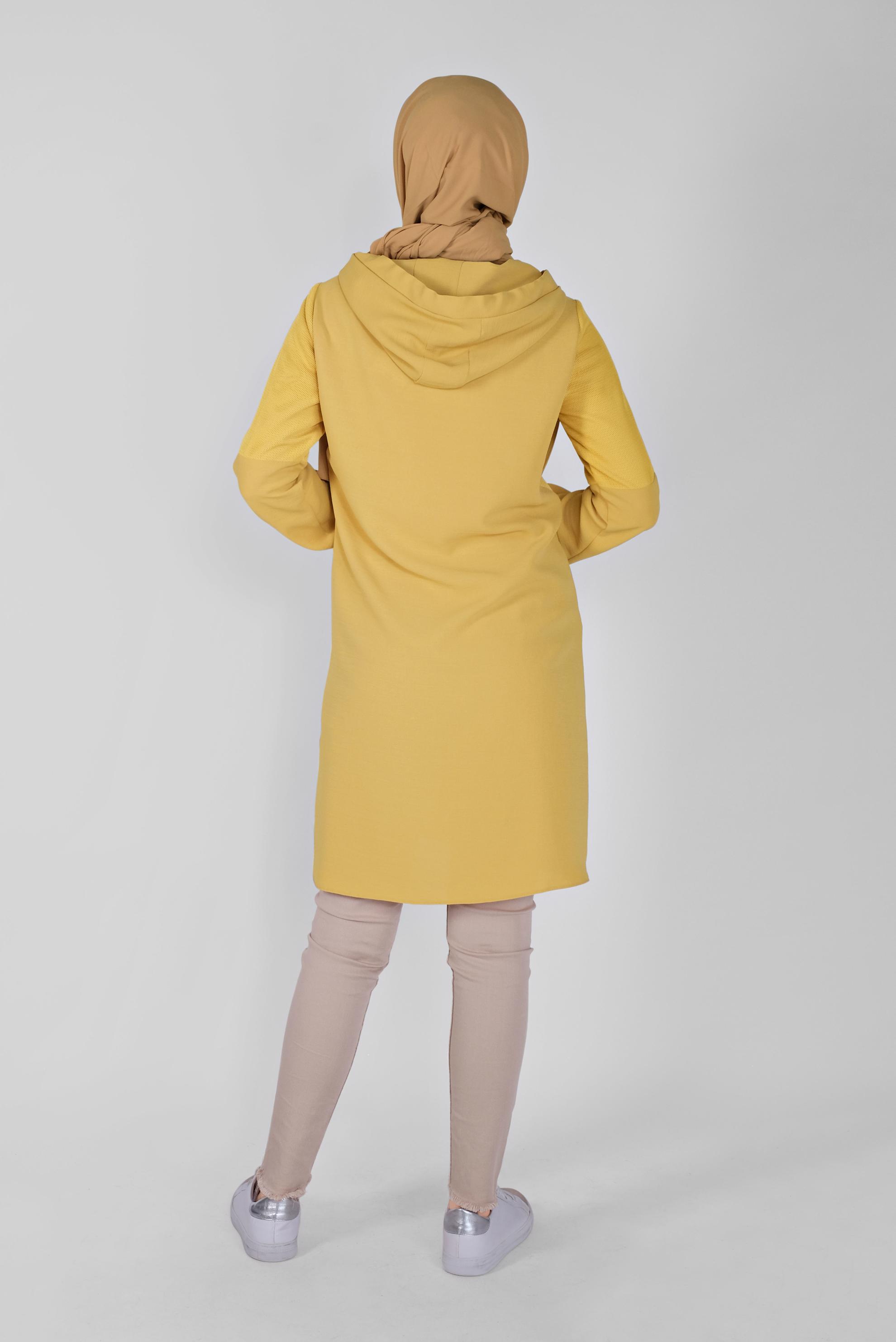 Tesettür giyim SARI FİLELİ KAPÜŞONLU TUNİK 41490