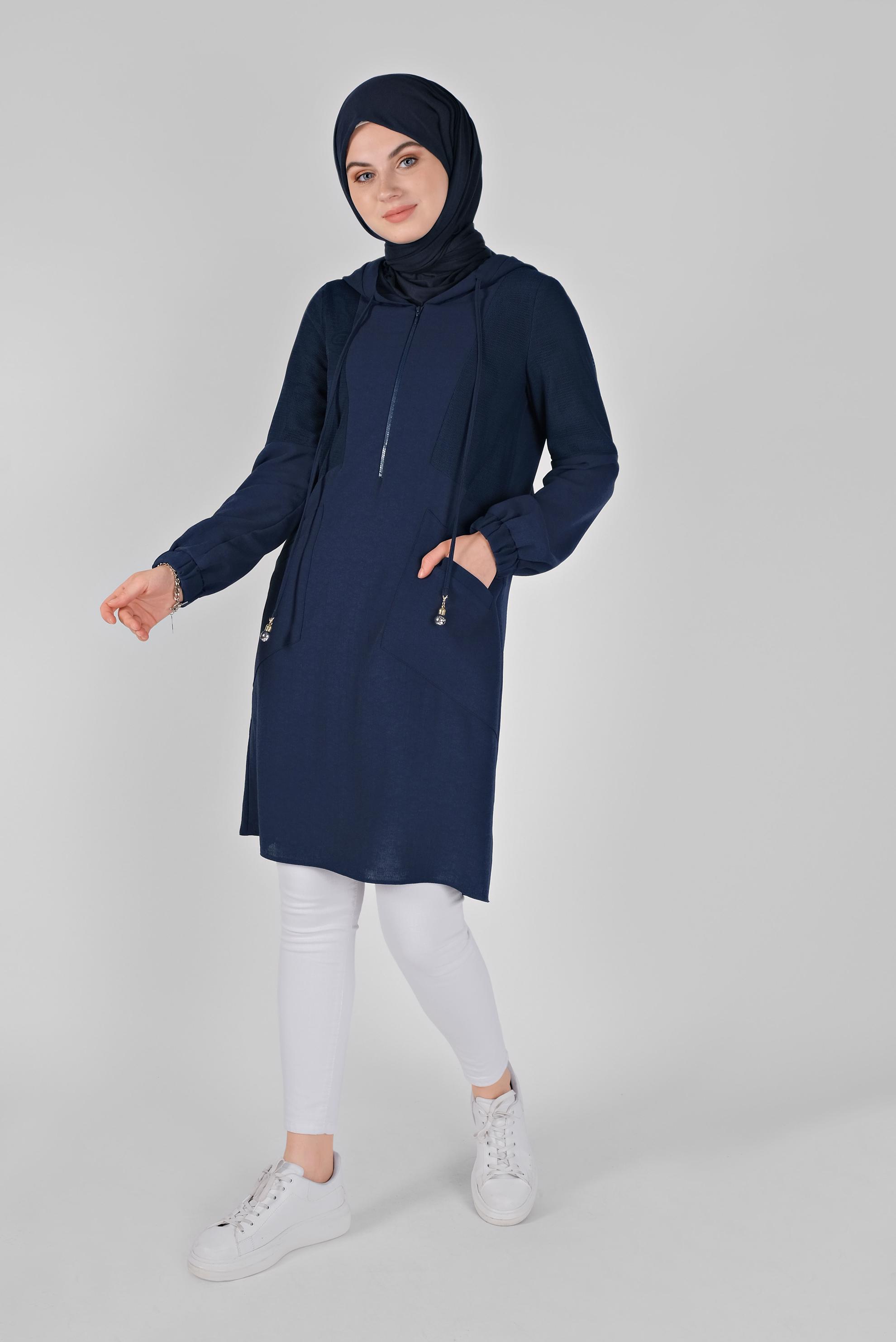 Tesettür giyim LACİVERT FİLELİ KAPÜŞONLU TUNİK 41490