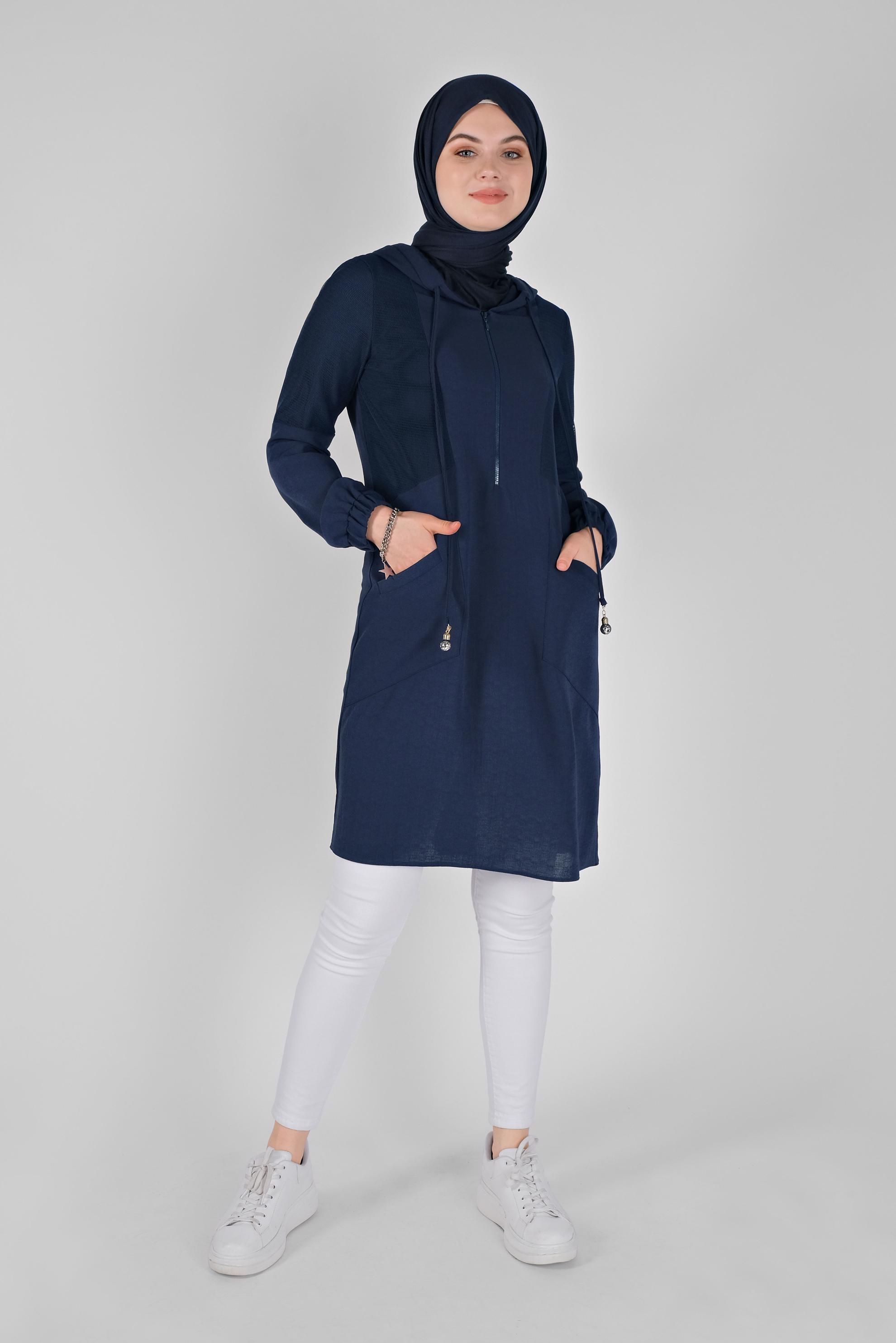 Tesettür giyim LACİVERT FİLELİ KAPÜŞONLU TUNİK 41490