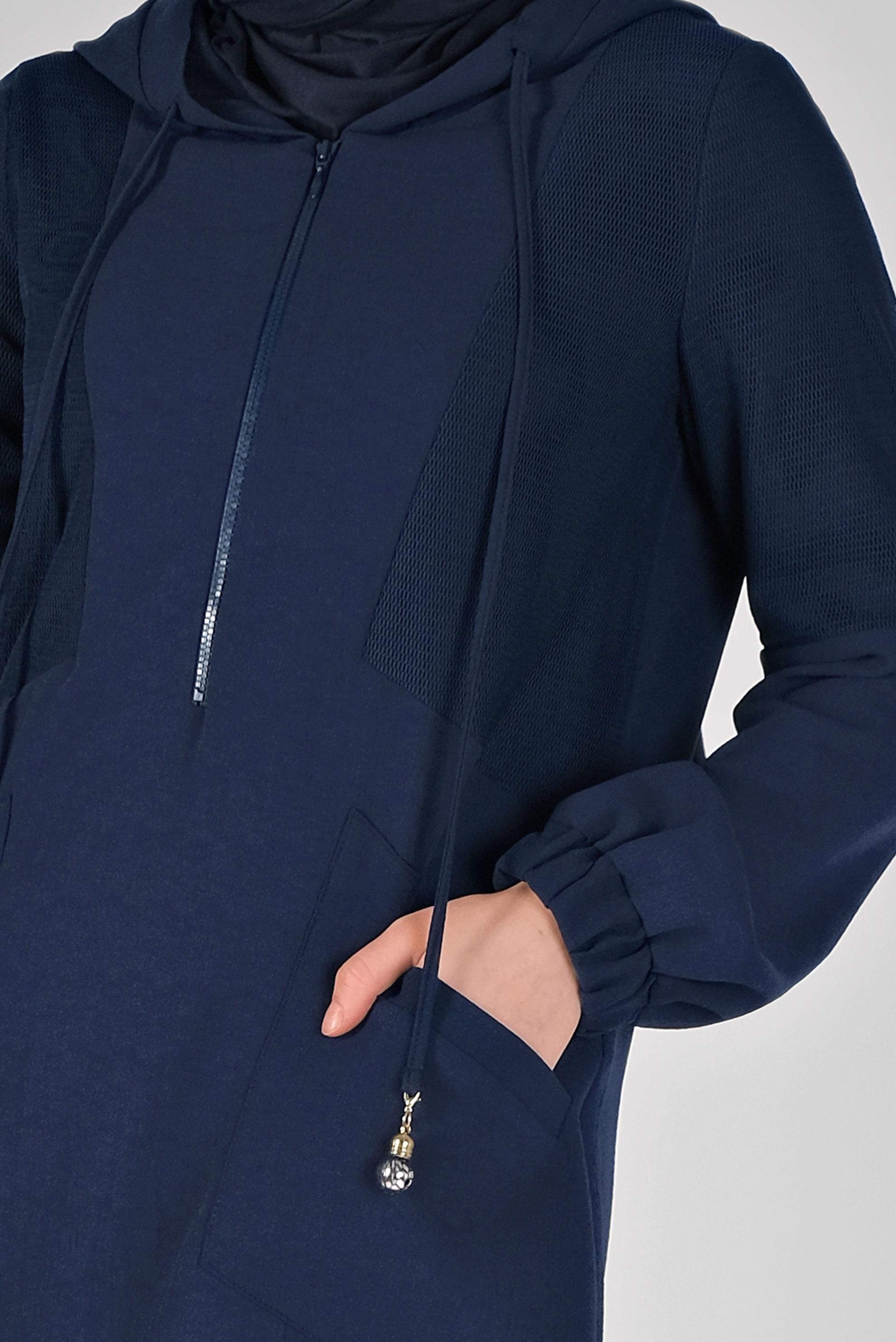 Tesettür giyim LACİVERT FİLELİ KAPÜŞONLU TUNİK 41490