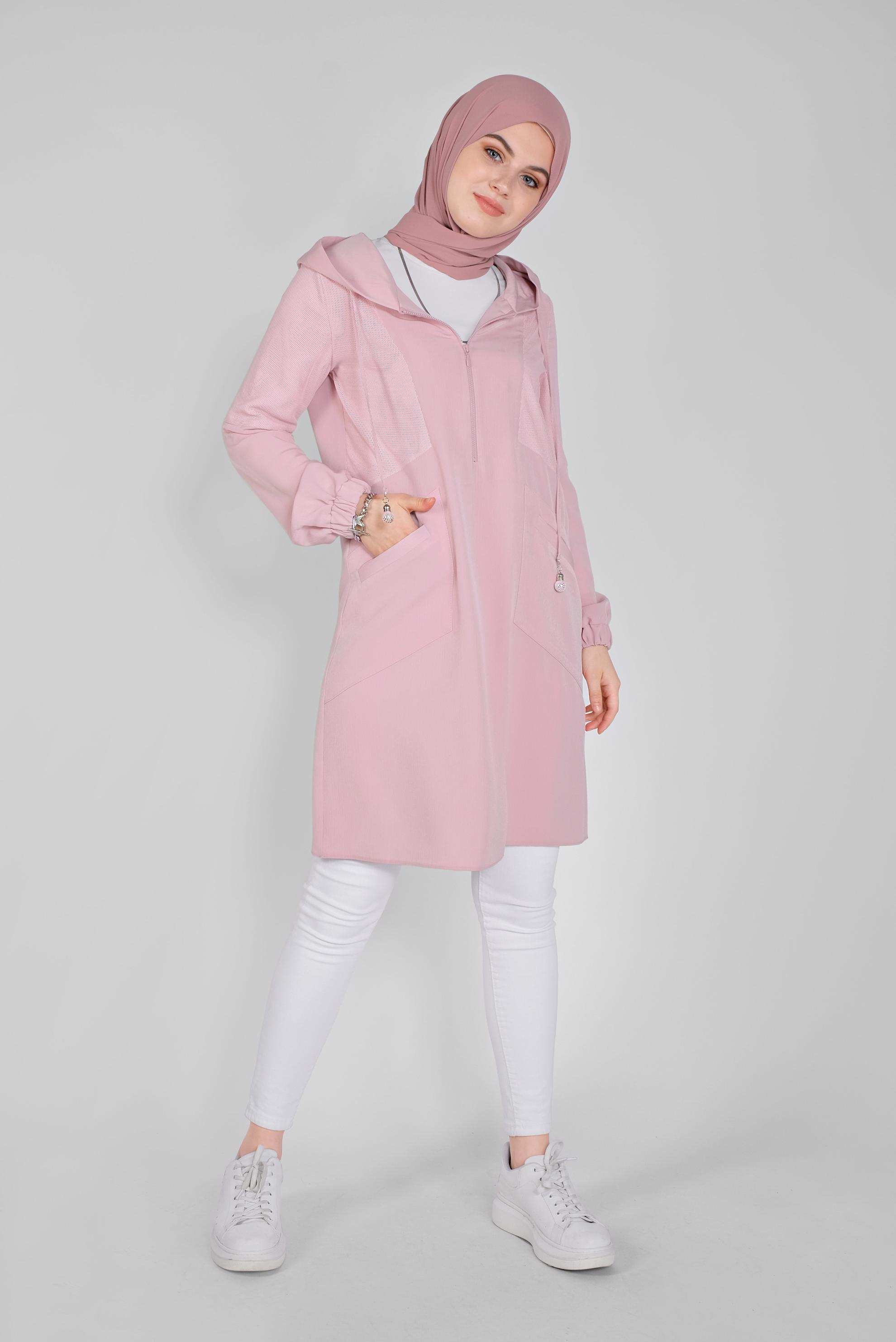 Tesettür giyim PEMBE FİLELİ KAPÜŞONLU TUNİK 41490