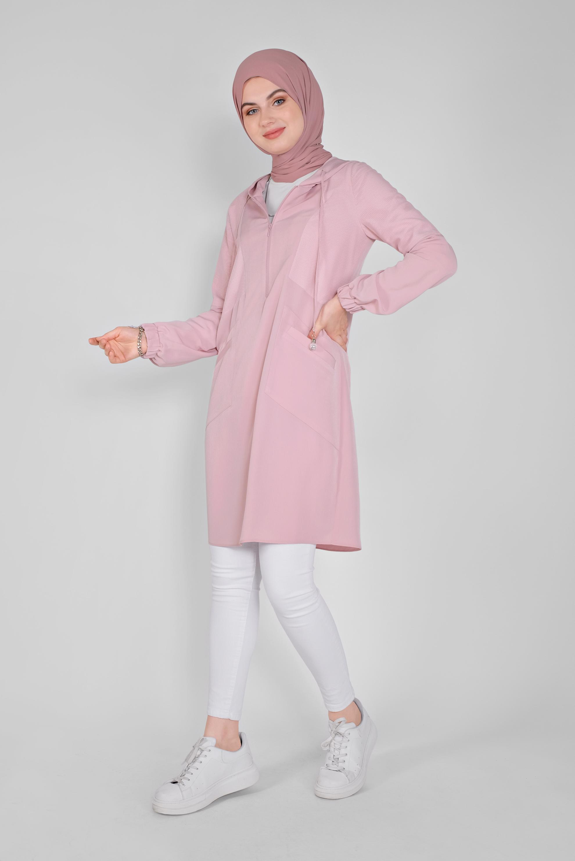 Tesettür giyim PEMBE FİLELİ KAPÜŞONLU TUNİK 41490