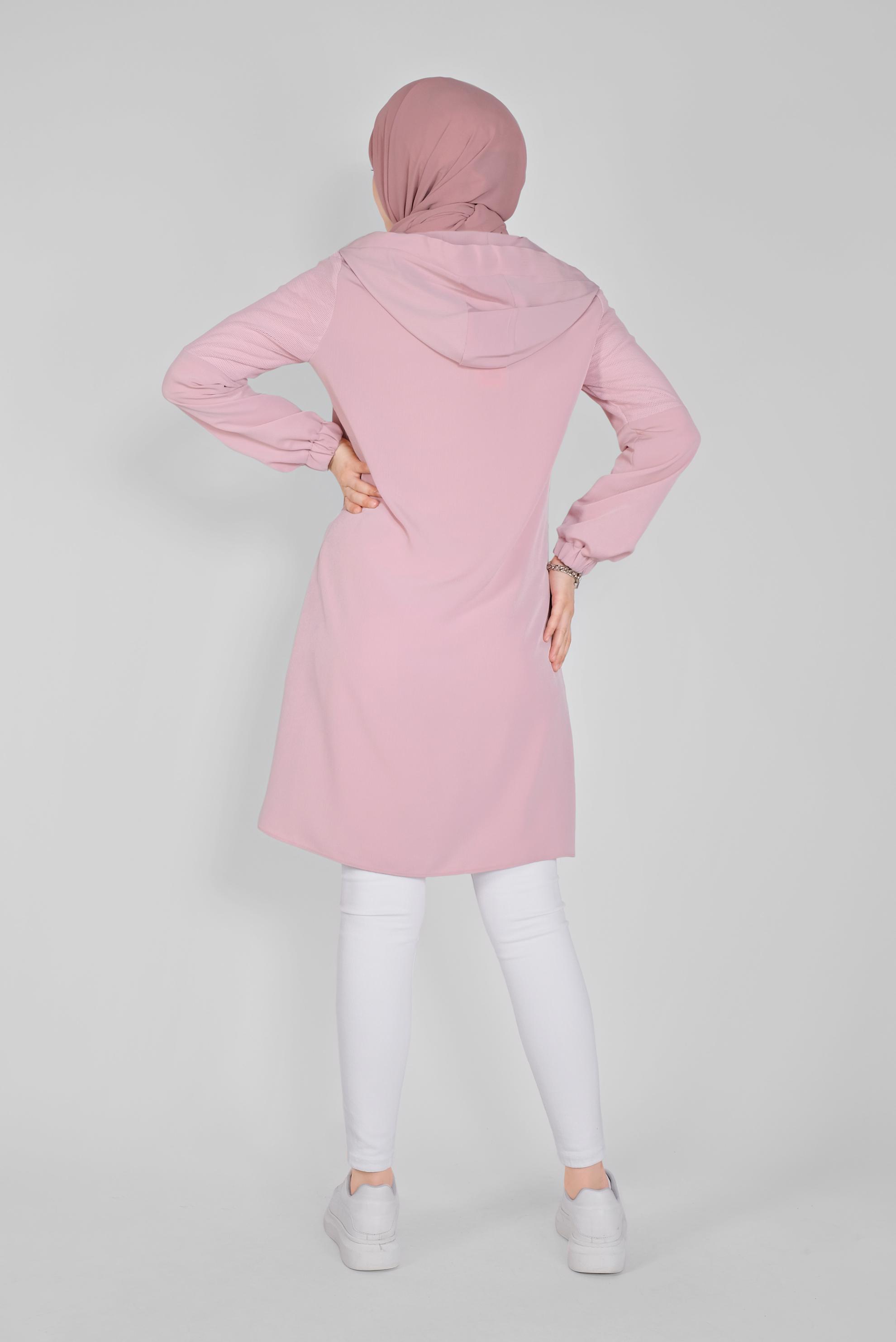 Tesettür giyim PEMBE FİLELİ KAPÜŞONLU TUNİK 41490