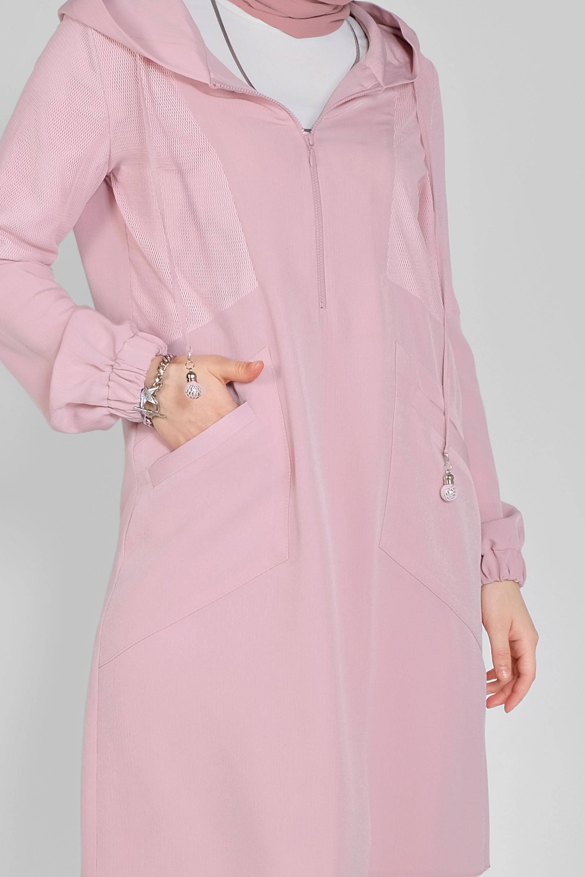 Tesettür giyim PEMBE FİLELİ KAPÜŞONLU TUNİK 41490