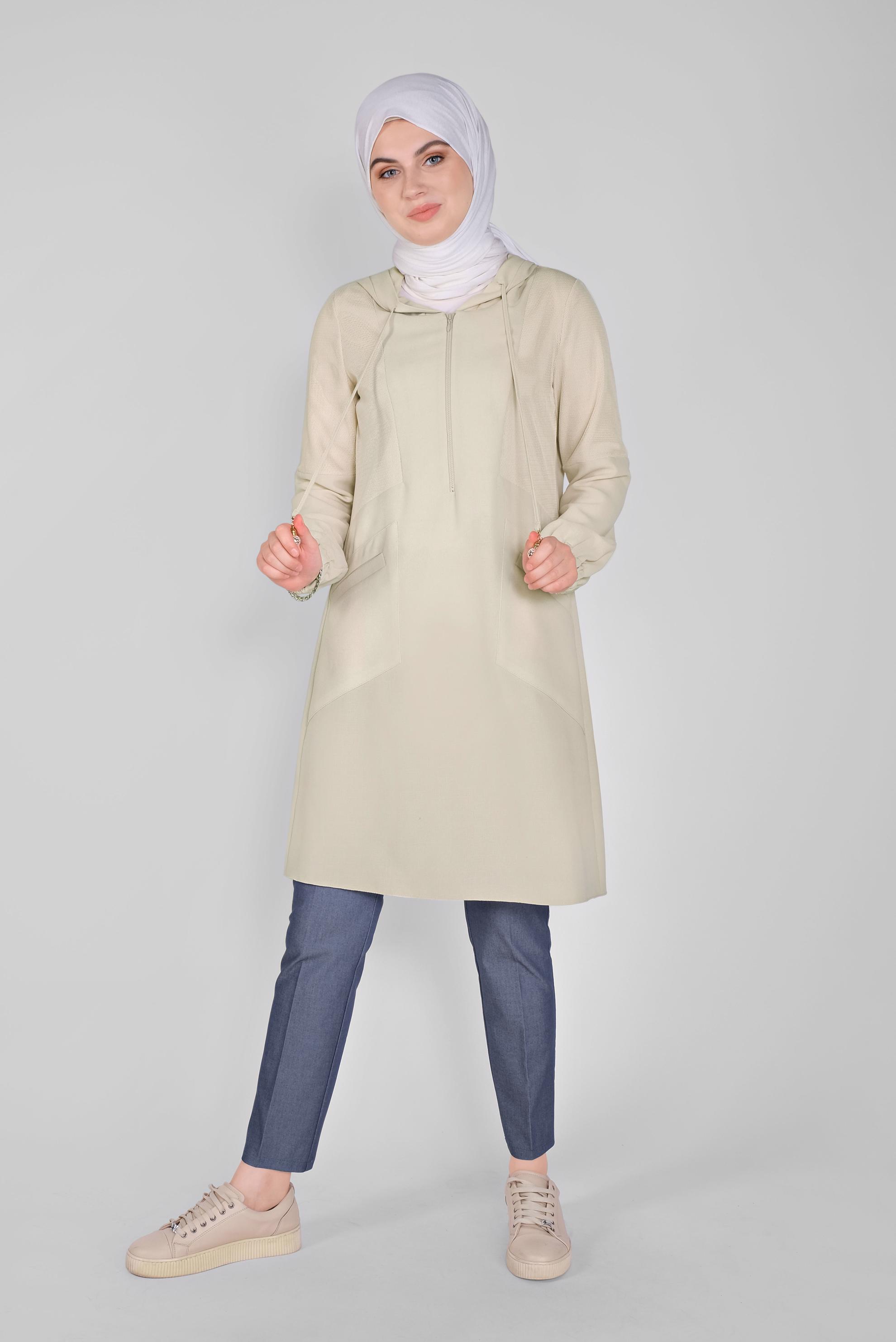 Tesettür giyim BEJ FİLELİ KAPÜŞONLU TUNİK 41490