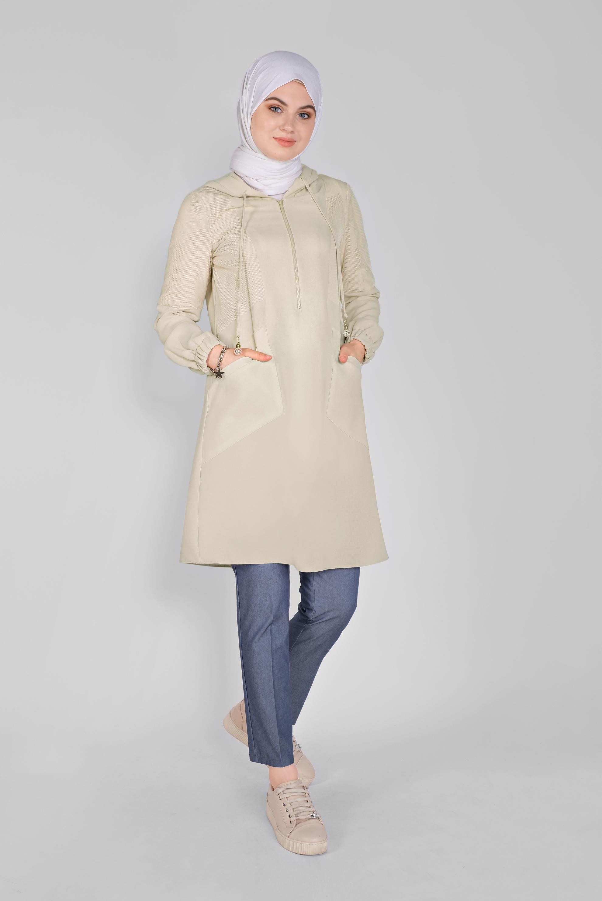 Tesettür giyim BEJ FİLELİ KAPÜŞONLU TUNİK 41490