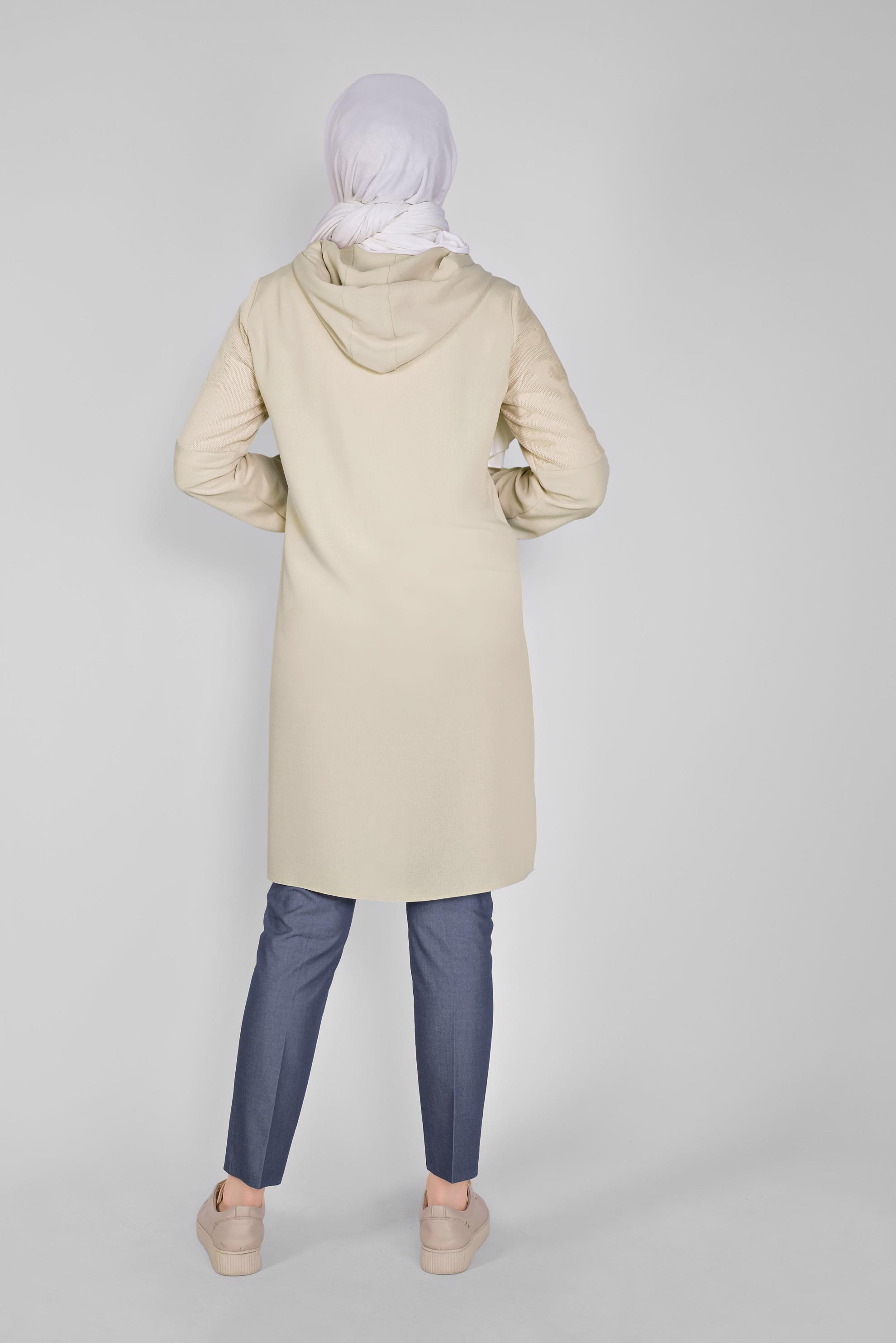 Tesettür giyim BEJ FİLELİ KAPÜŞONLU TUNİK 41490