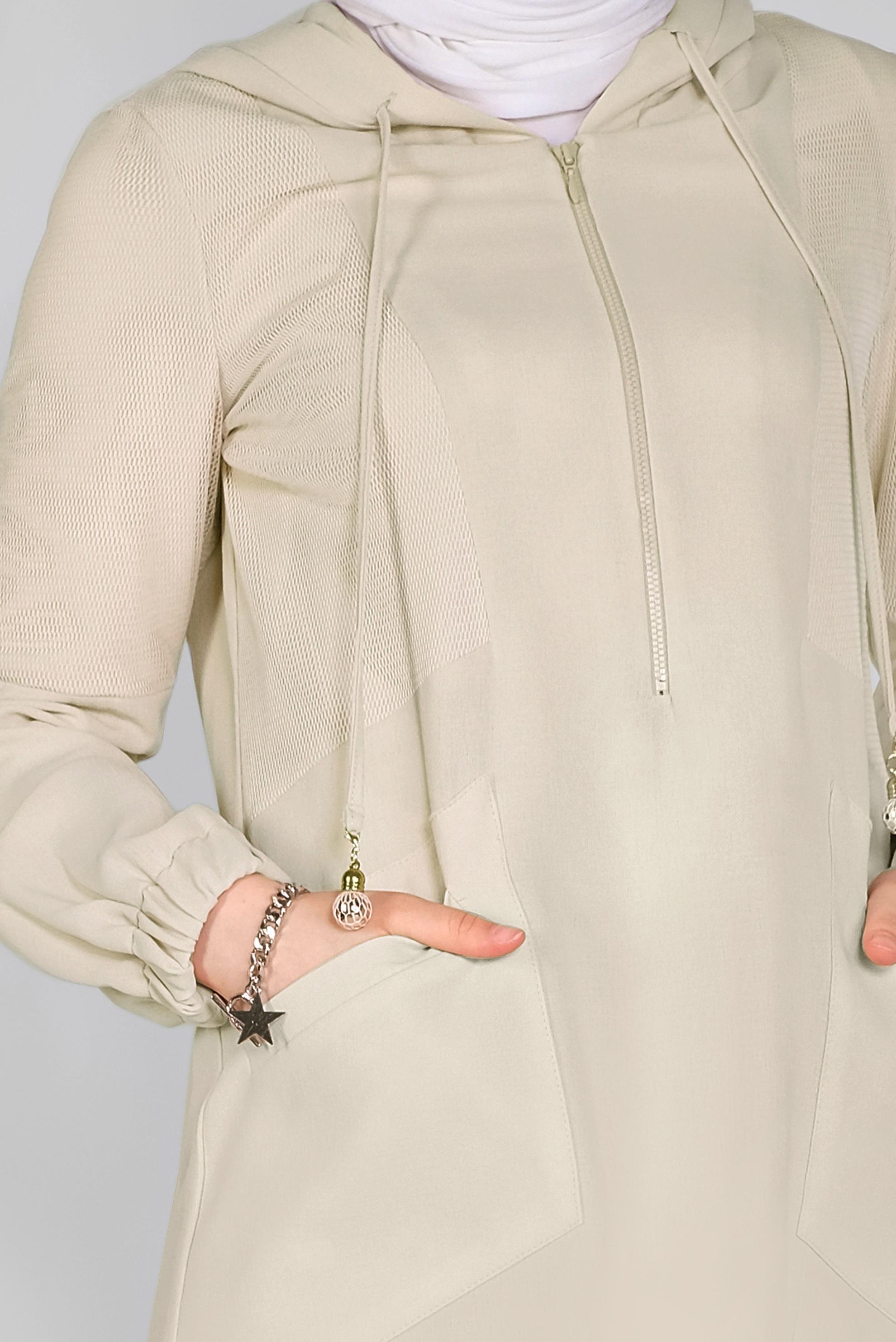 Tesettür giyim BEJ FİLELİ KAPÜŞONLU TUNİK 41490