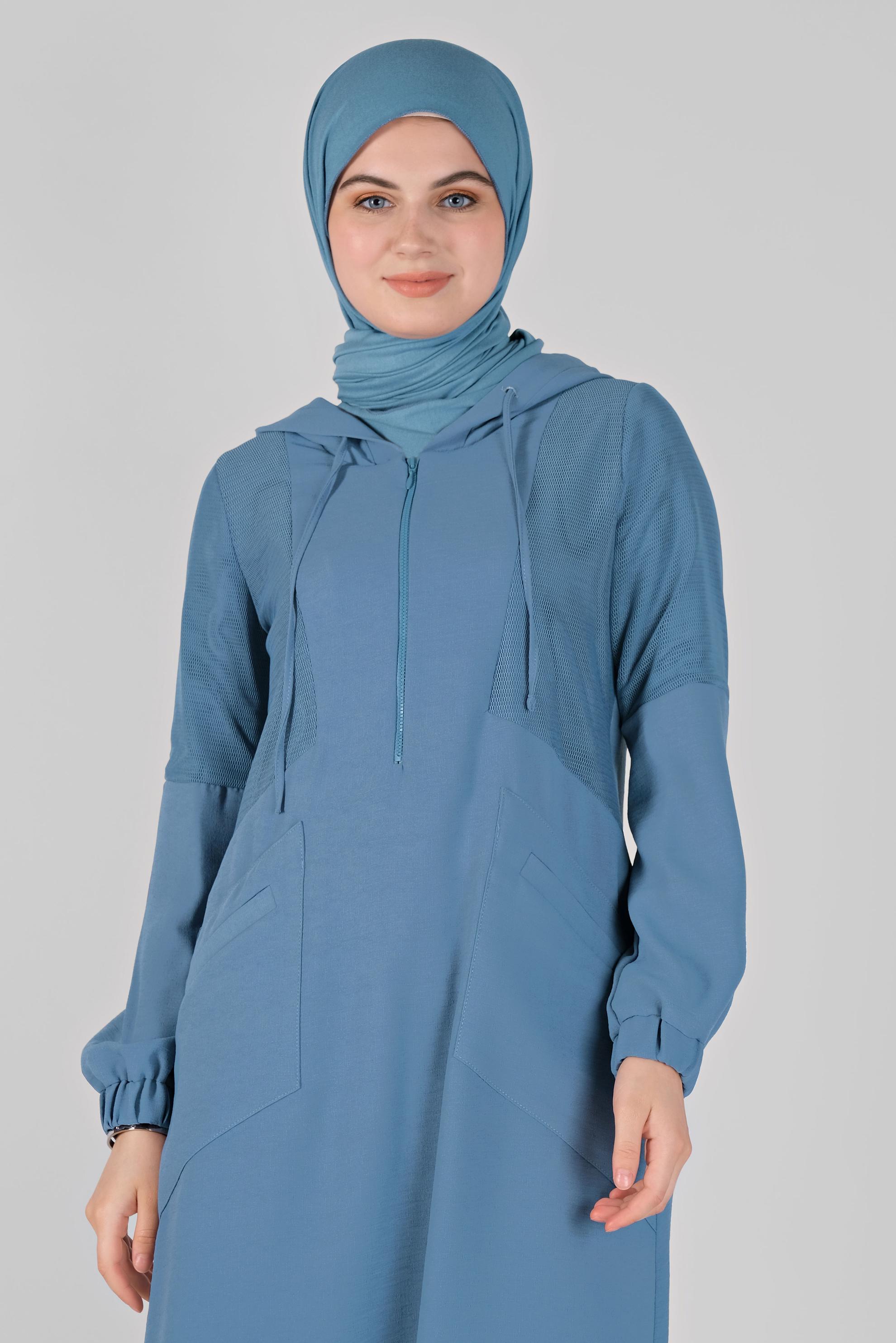 Tesettür giyim MAVİ FİLELİ KAPÜŞONLU TUNİK 41490