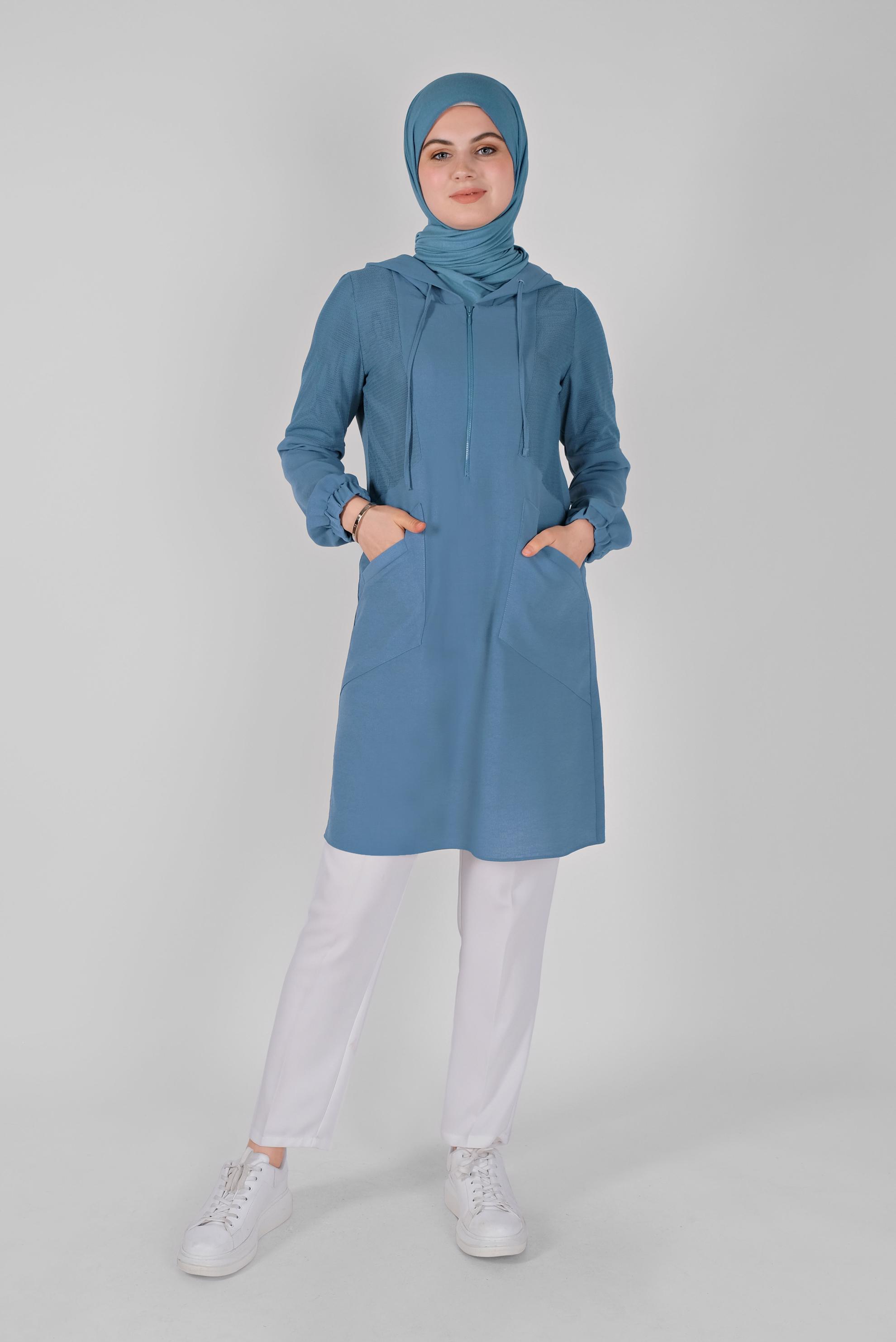 Tesettür giyim MAVİ FİLELİ KAPÜŞONLU TUNİK 41490