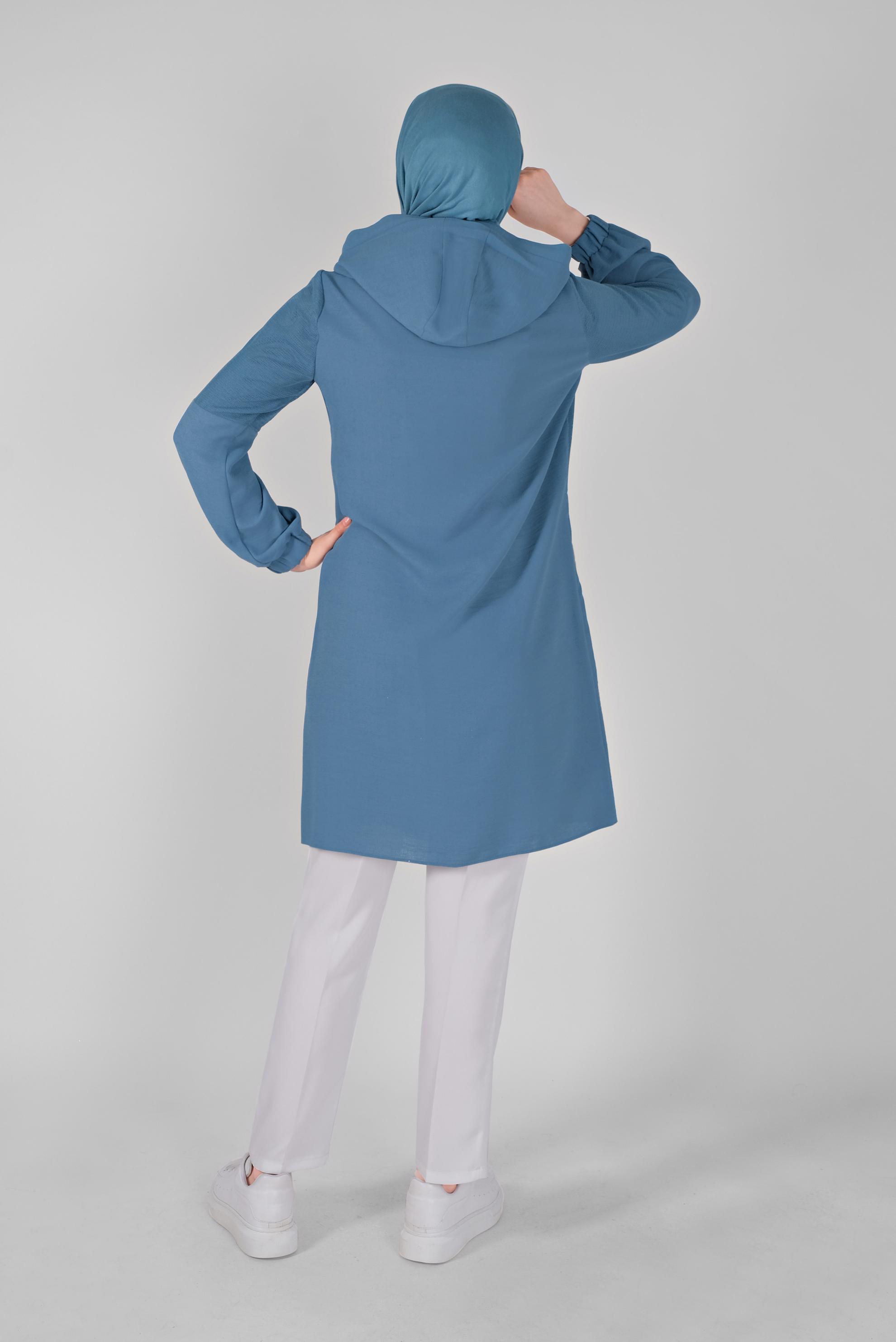 Tesettür giyim MAVİ FİLELİ KAPÜŞONLU TUNİK 41490