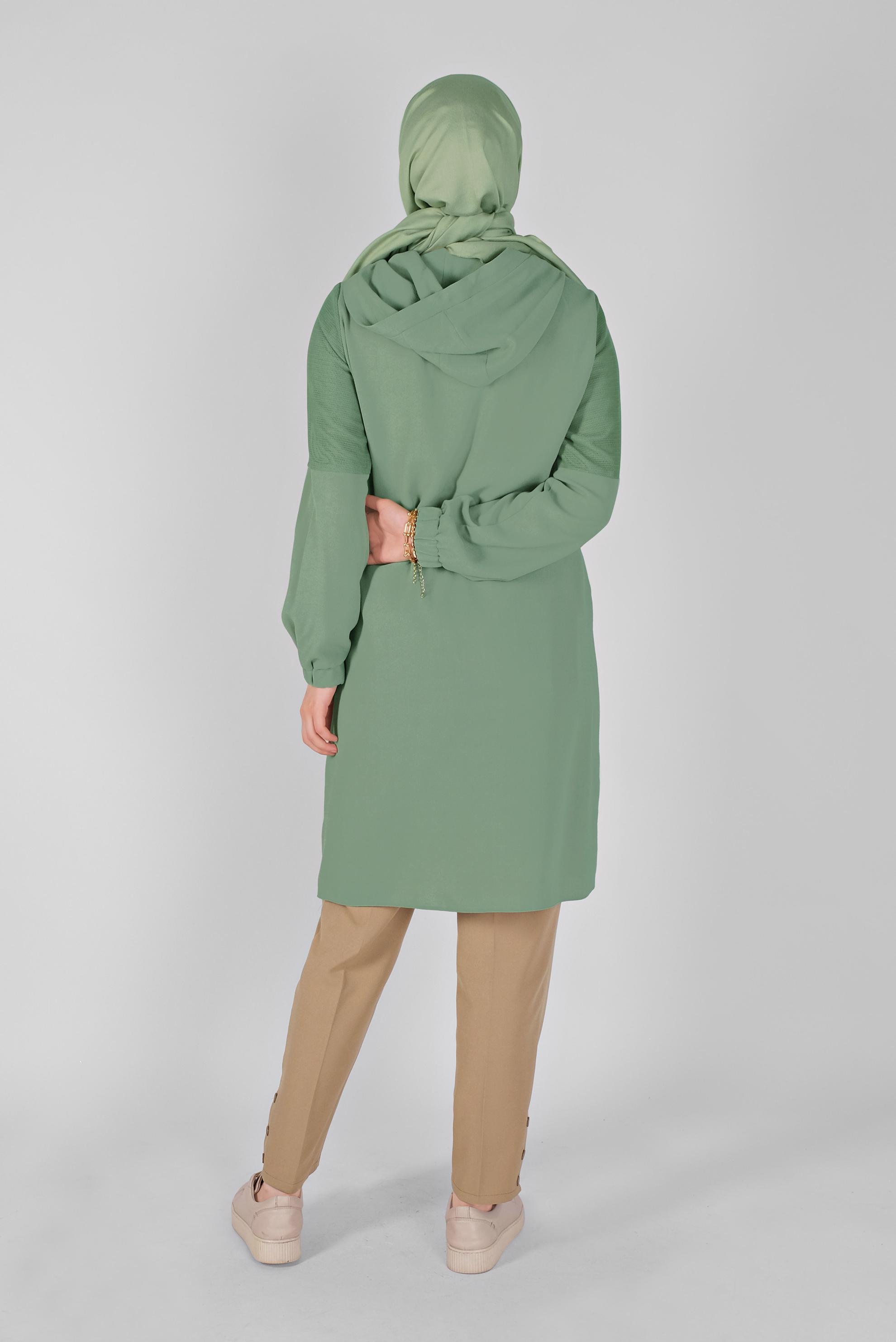 Tesettür giyim YEŞİL FİLELİ KAPÜŞONLU TUNİK 41490