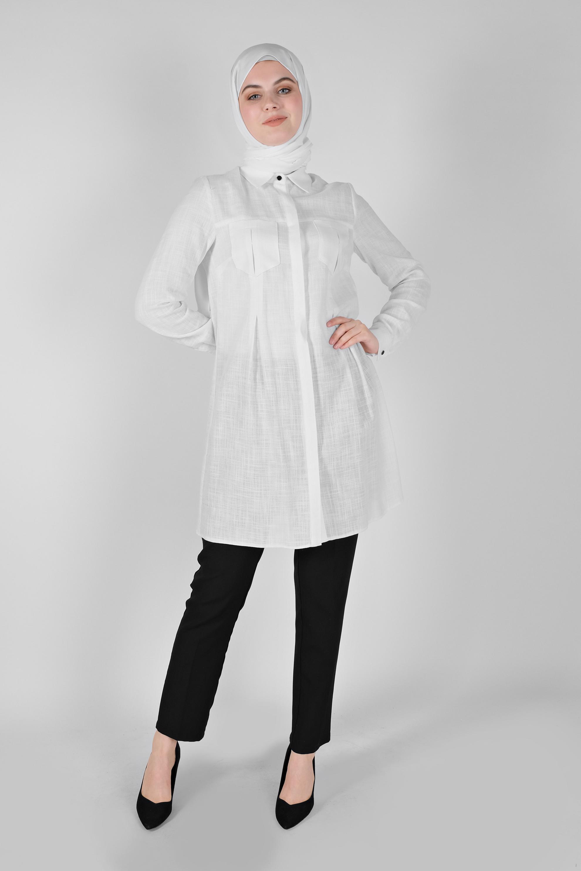 Tesettür giyim BEYAZ PAMUKLU KIRÇILLI TUNİK 41491