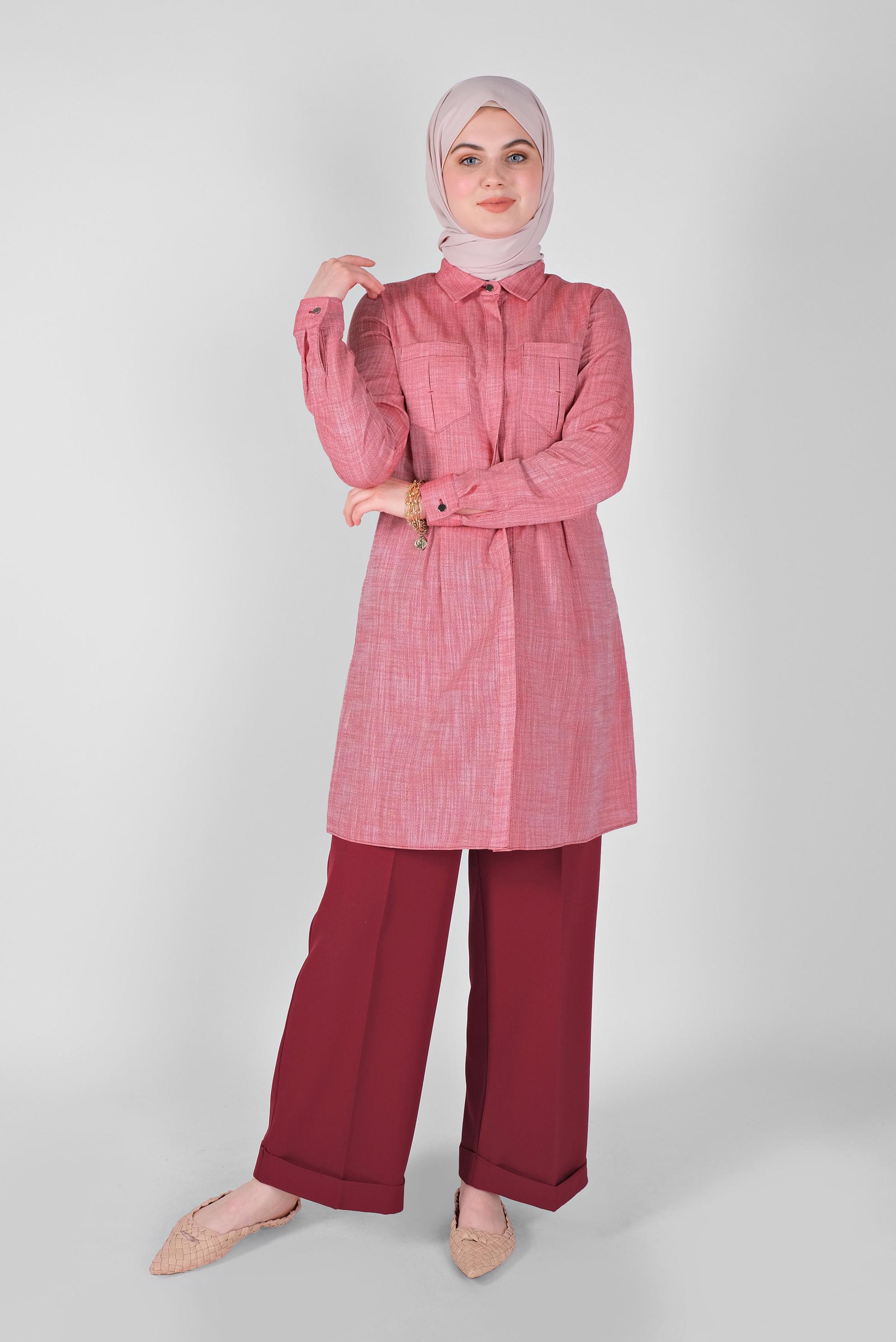 Tesettür giyim KIRMIZI PAMUKLU KIRÇILLI TUNİK 41491